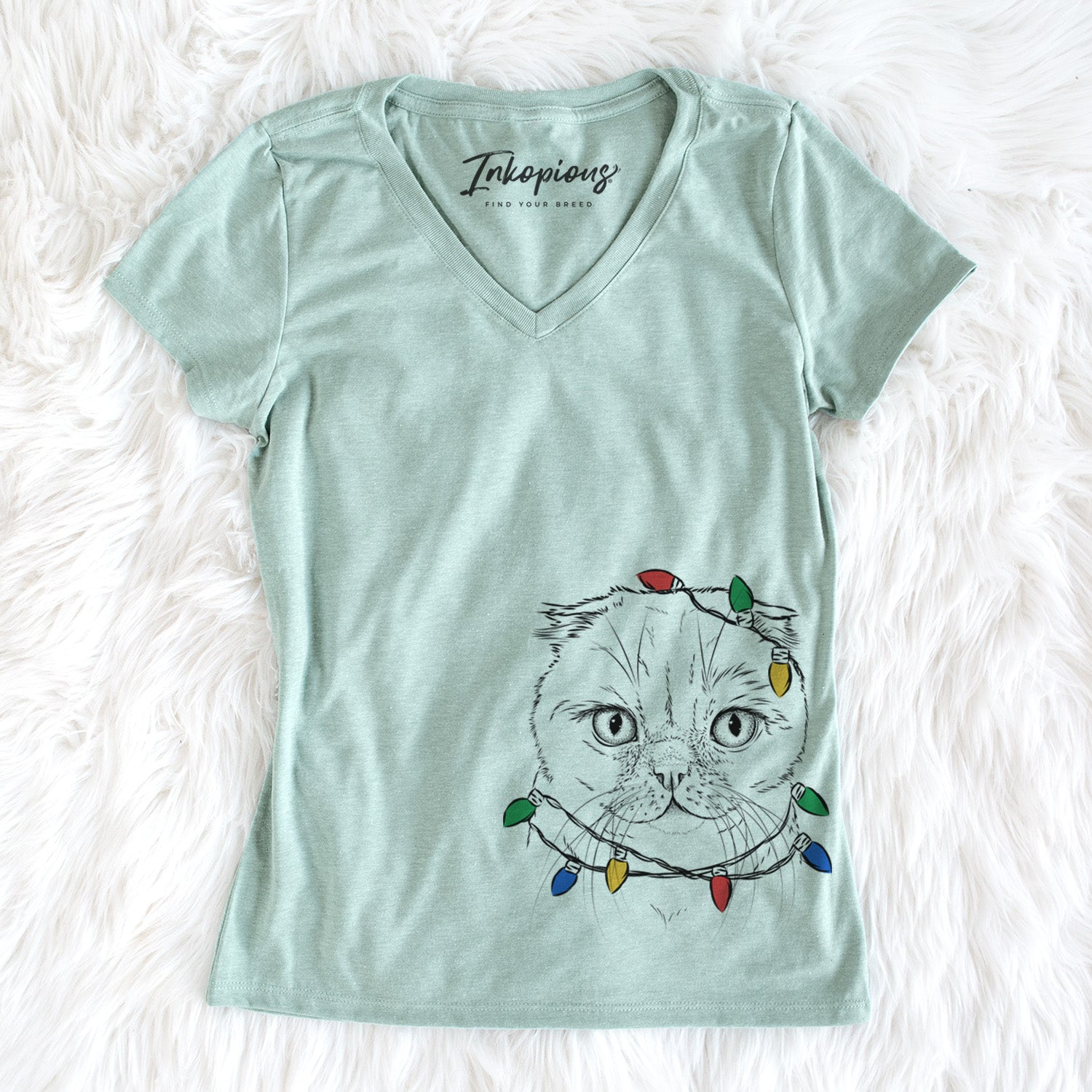 Christmas Lights Lina the Exotic Fold Cat - Women's Perfect V-neck Shirt