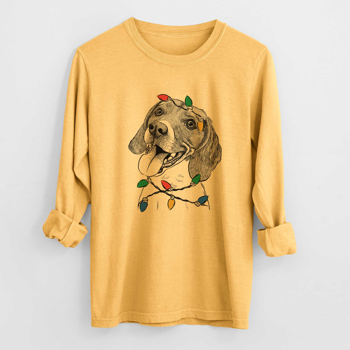 Christmas Lights Little Bandit the Beagle - Heavyweight 100% Cotton Long Sleeve