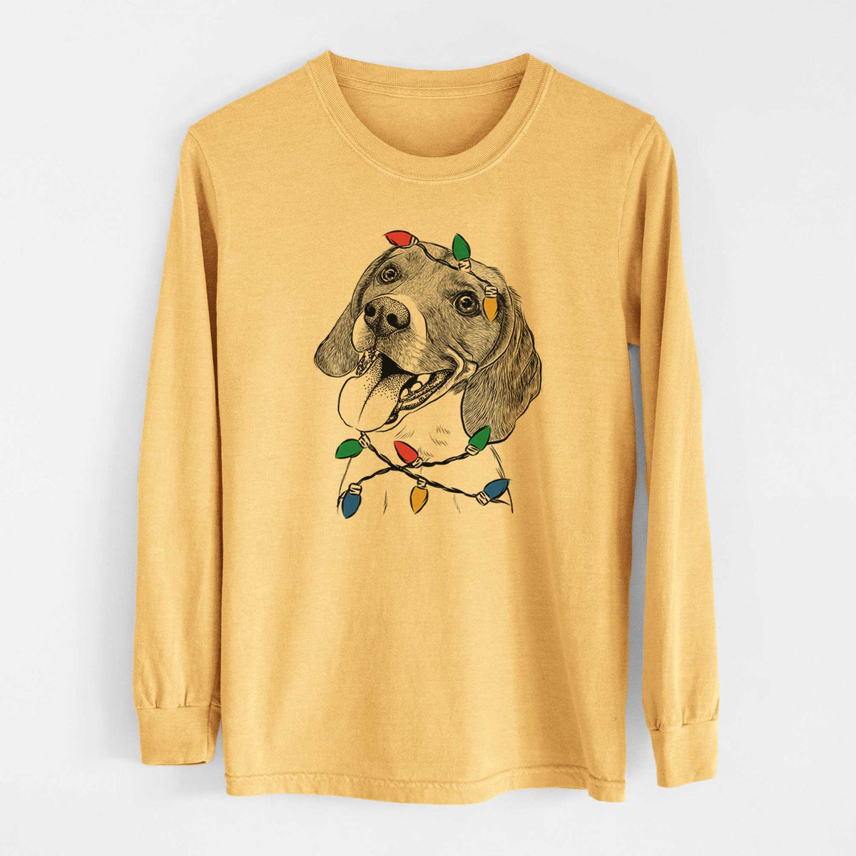 Christmas Lights Little Bandit the Beagle - Heavyweight 100% Cotton Long Sleeve