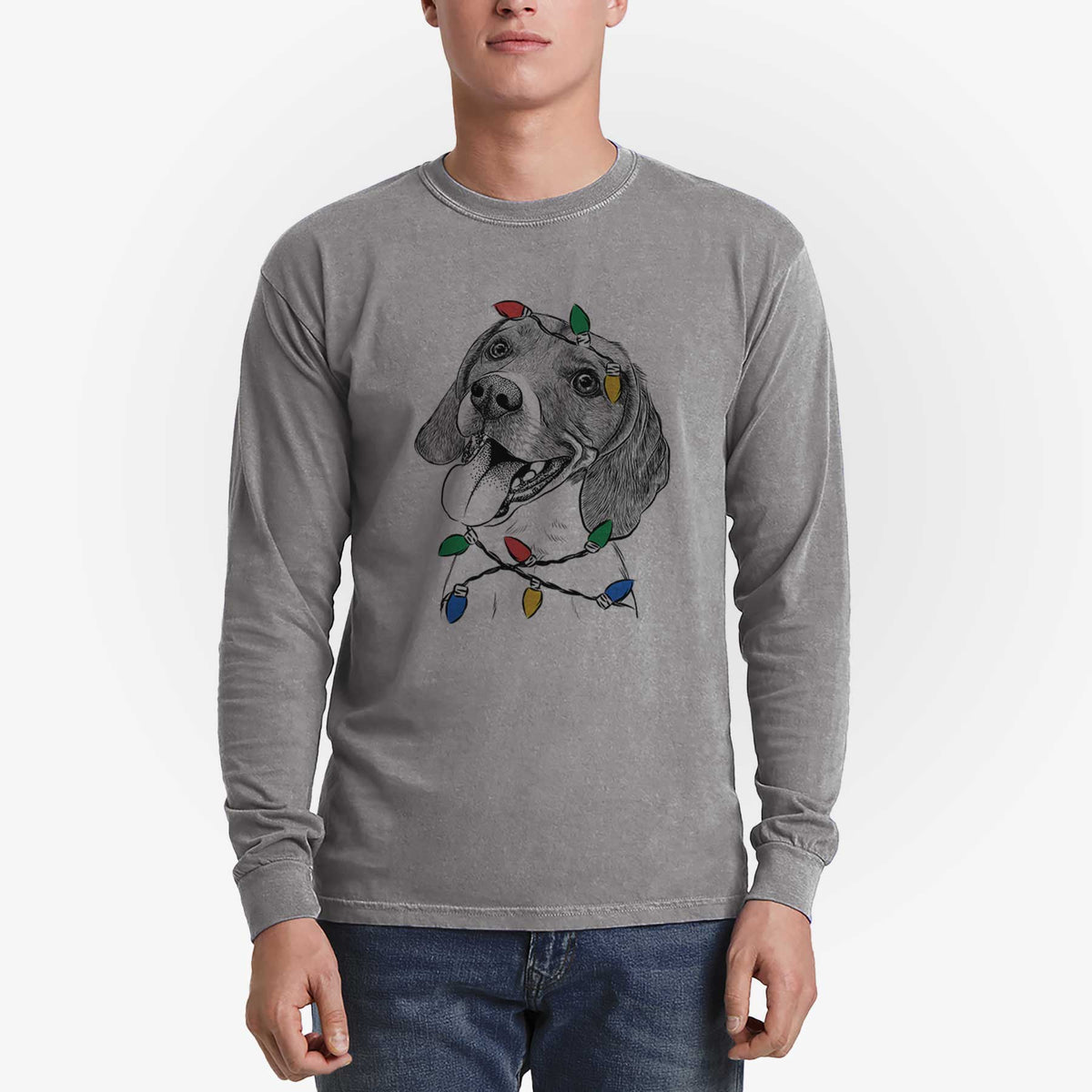 Christmas Lights Little Bandit the Beagle - Heavyweight 100% Cotton Long Sleeve