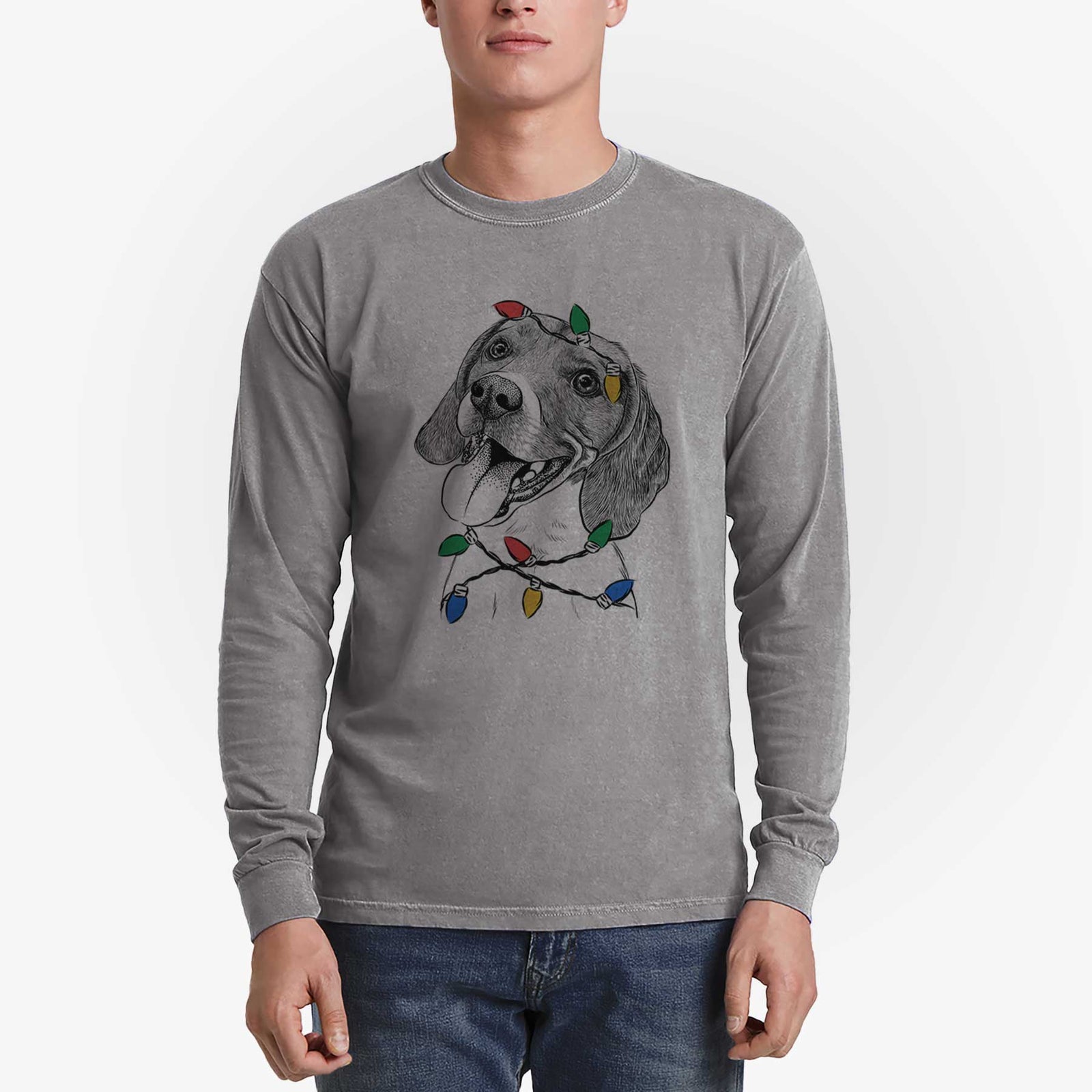 Christmas Lights Little Bandit the Beagle - Heavyweight 100% Cotton Long Sleeve