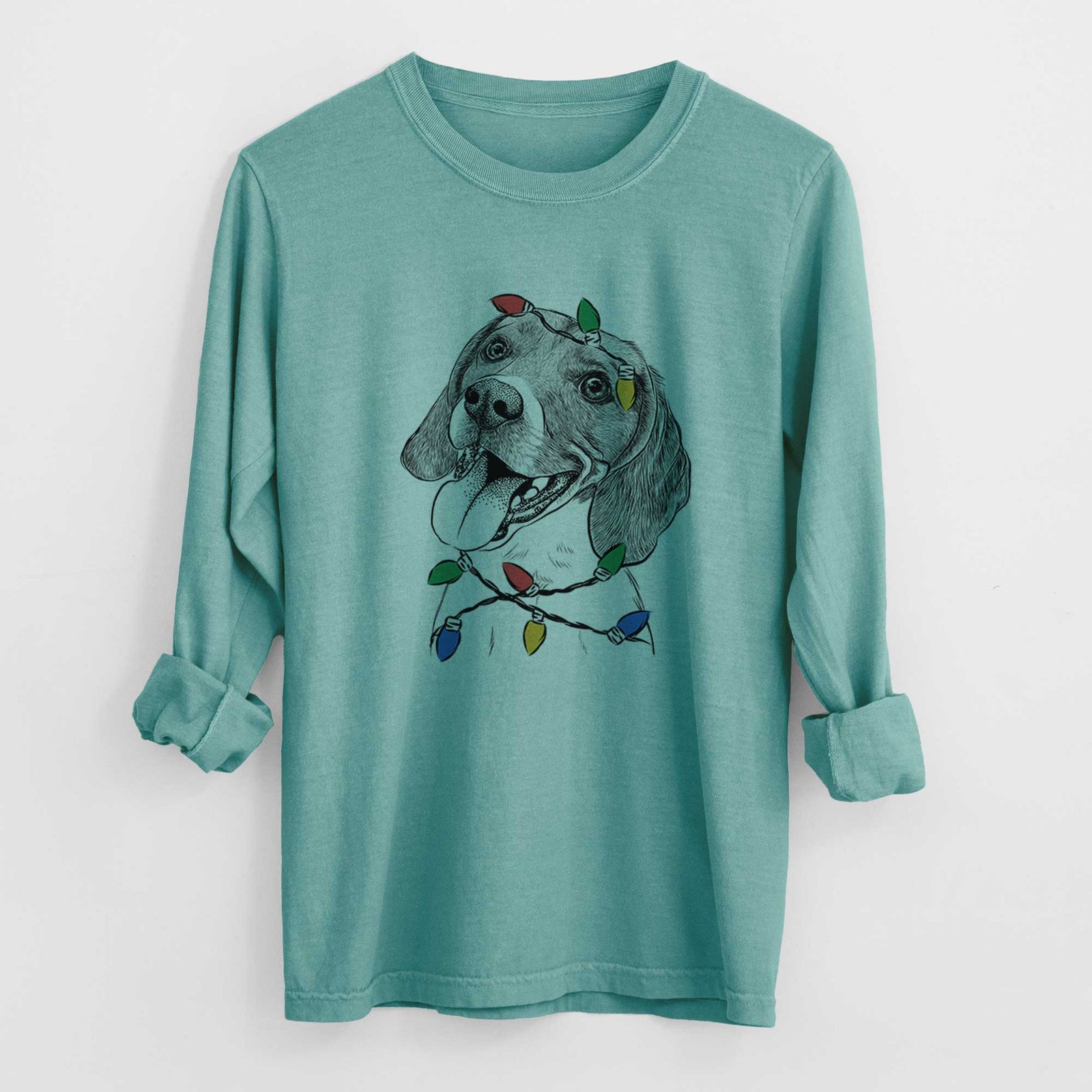Christmas Lights Little Bandit the Beagle - Heavyweight 100% Cotton Long Sleeve