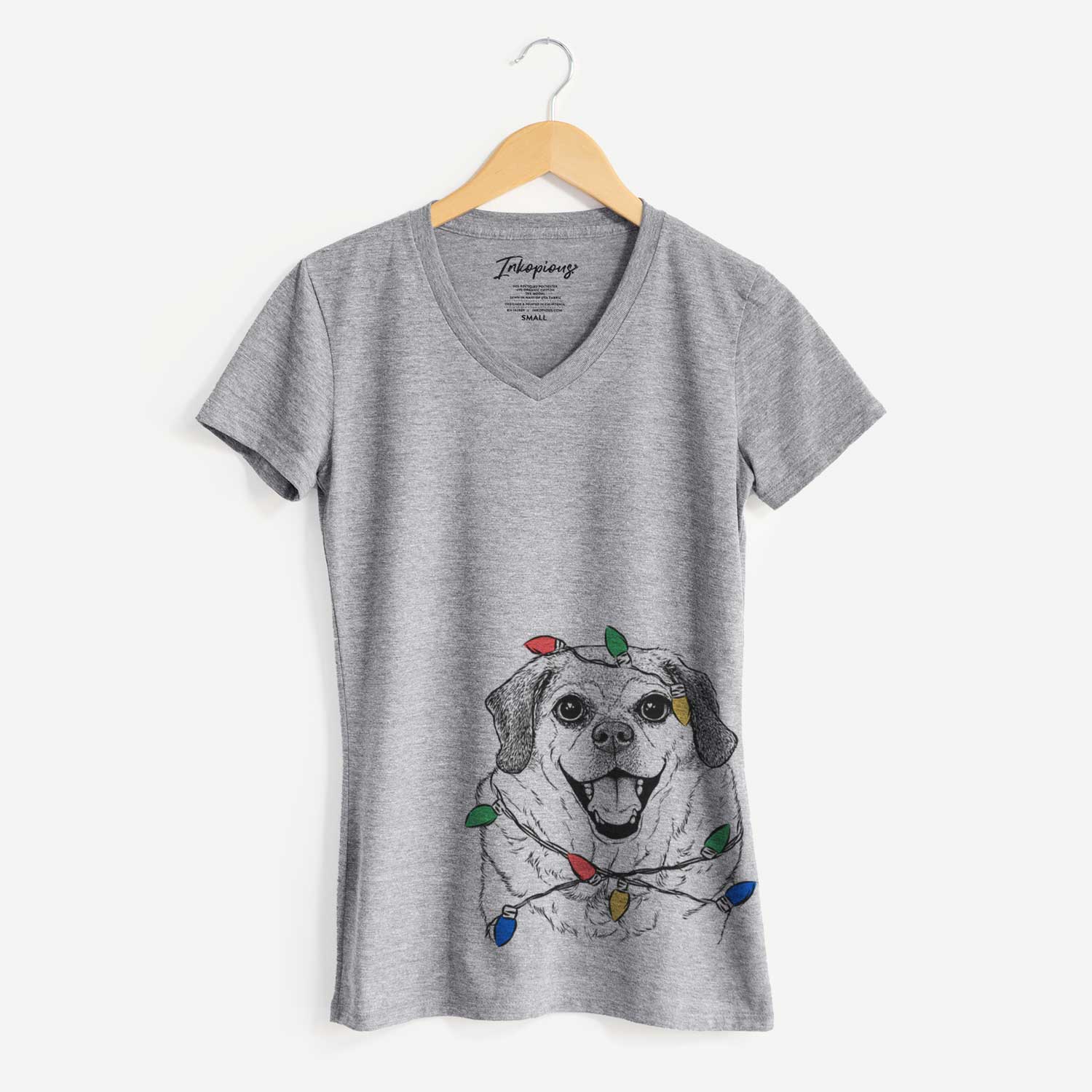 Christmas Lights Little Man the Puggle - Women's V-neck Shirt