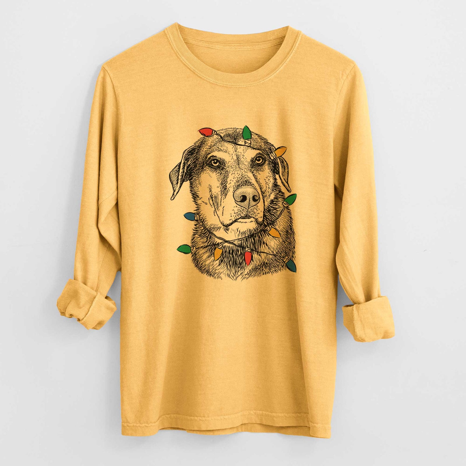 Christmas Lights Lobo the Shepherd Mix - Heavyweight 100% Cotton Long Sleeve