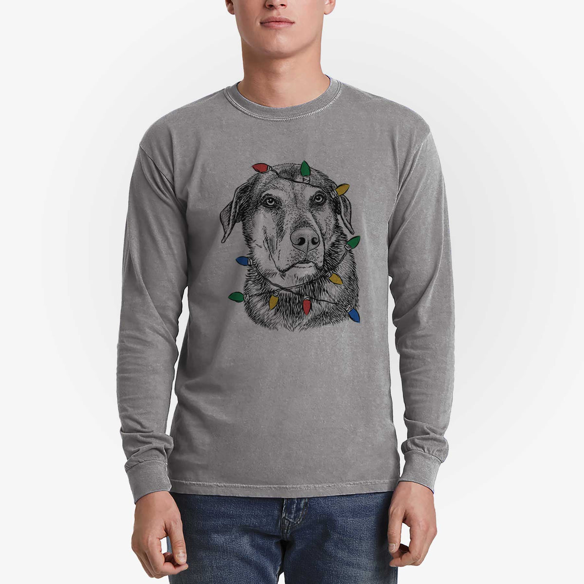 Christmas Lights Lobo the Shepherd Mix - Heavyweight 100% Cotton Long Sleeve