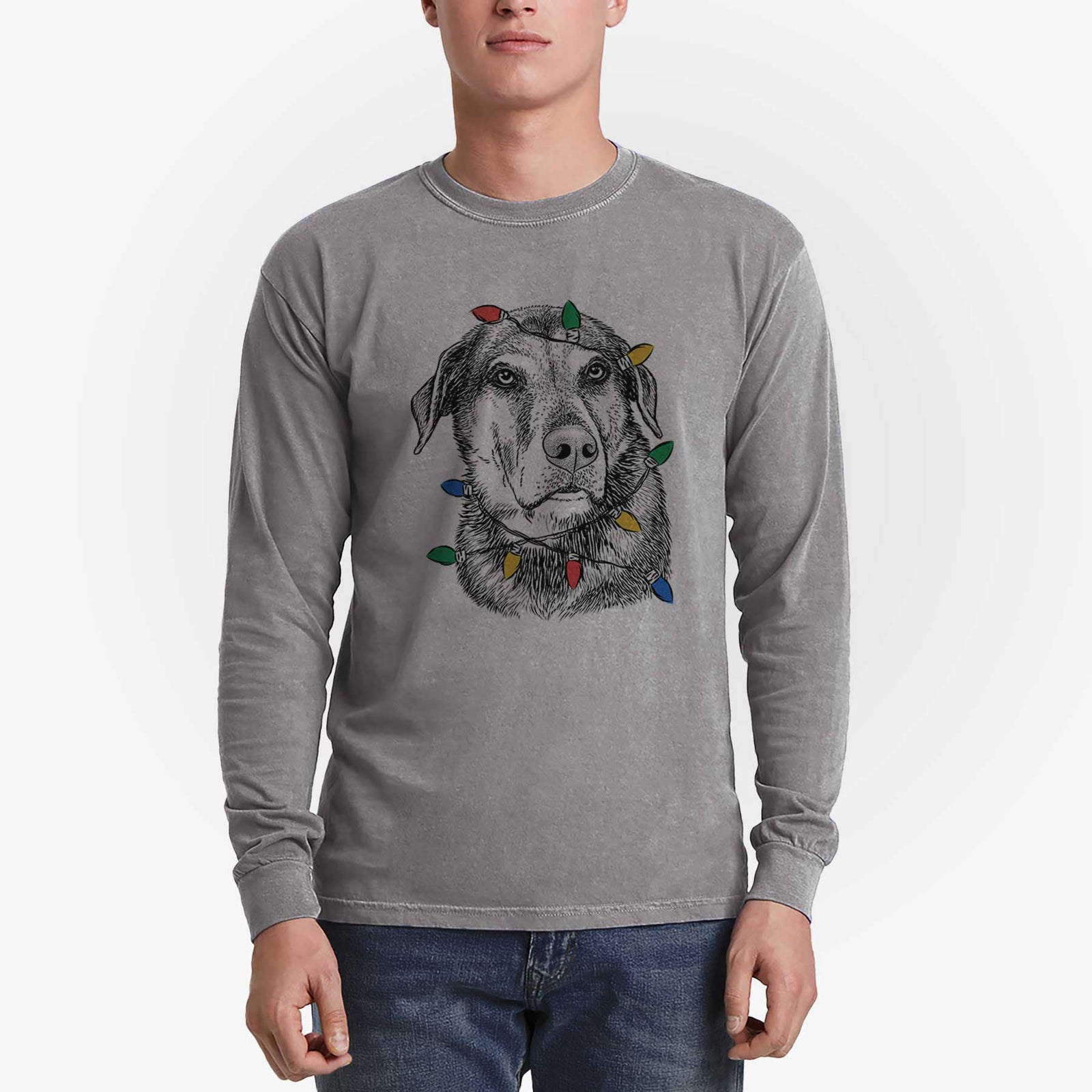 Christmas Lights Lobo the Shepherd Mix - Heavyweight 100% Cotton Long Sleeve