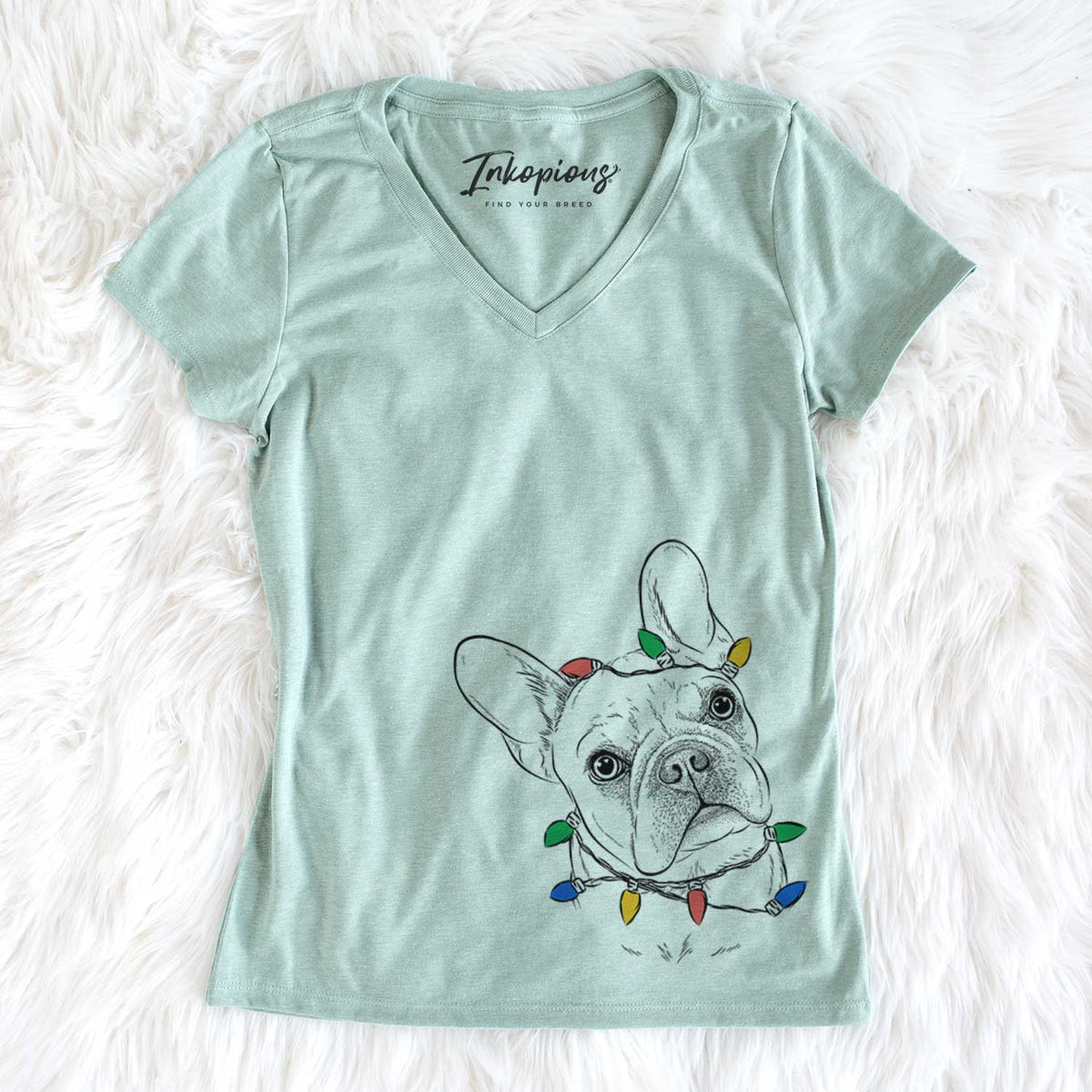 Christmas Lights Loki the French Bulldog - Women&#39;s V-neck Shirt