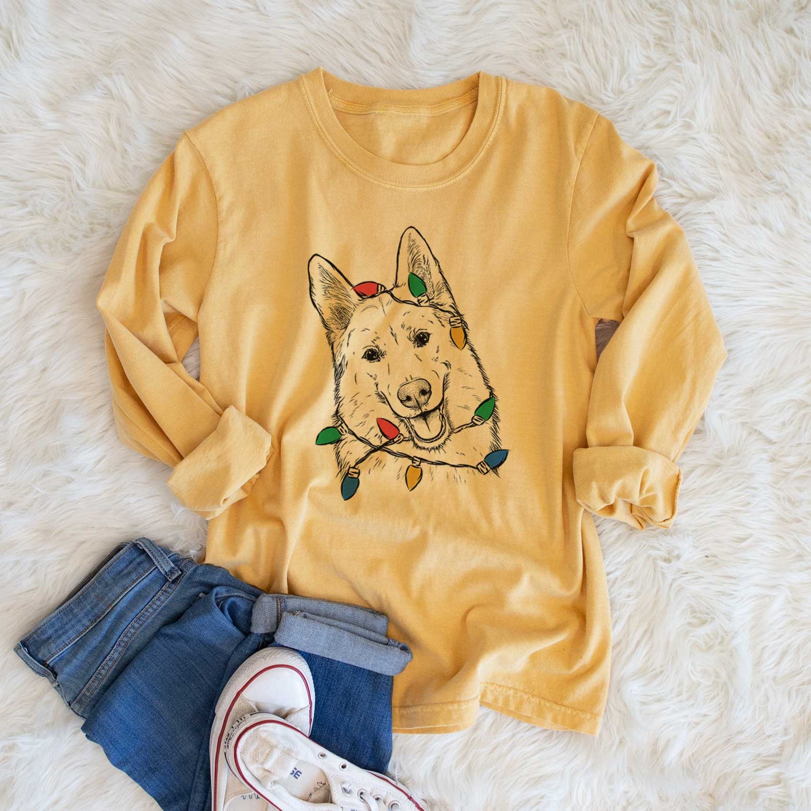 Christmas Lights Loki the Husky Shepherd Mix - Heavyweight 100% Cotton Long Sleeve