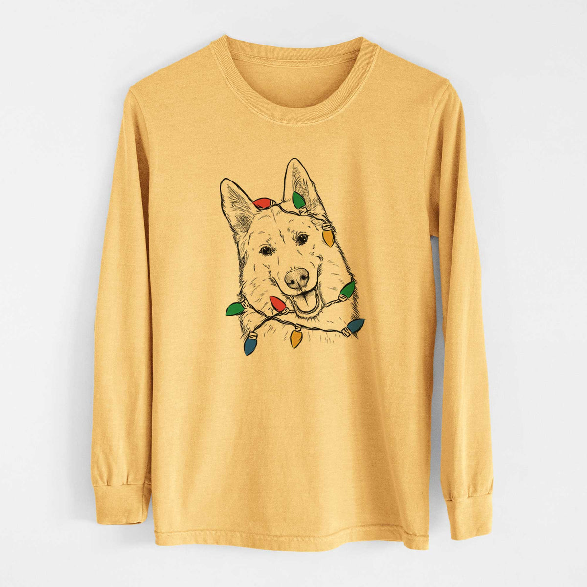 Christmas Lights Loki the Husky Shepherd Mix - Heavyweight 100% Cotton Long Sleeve