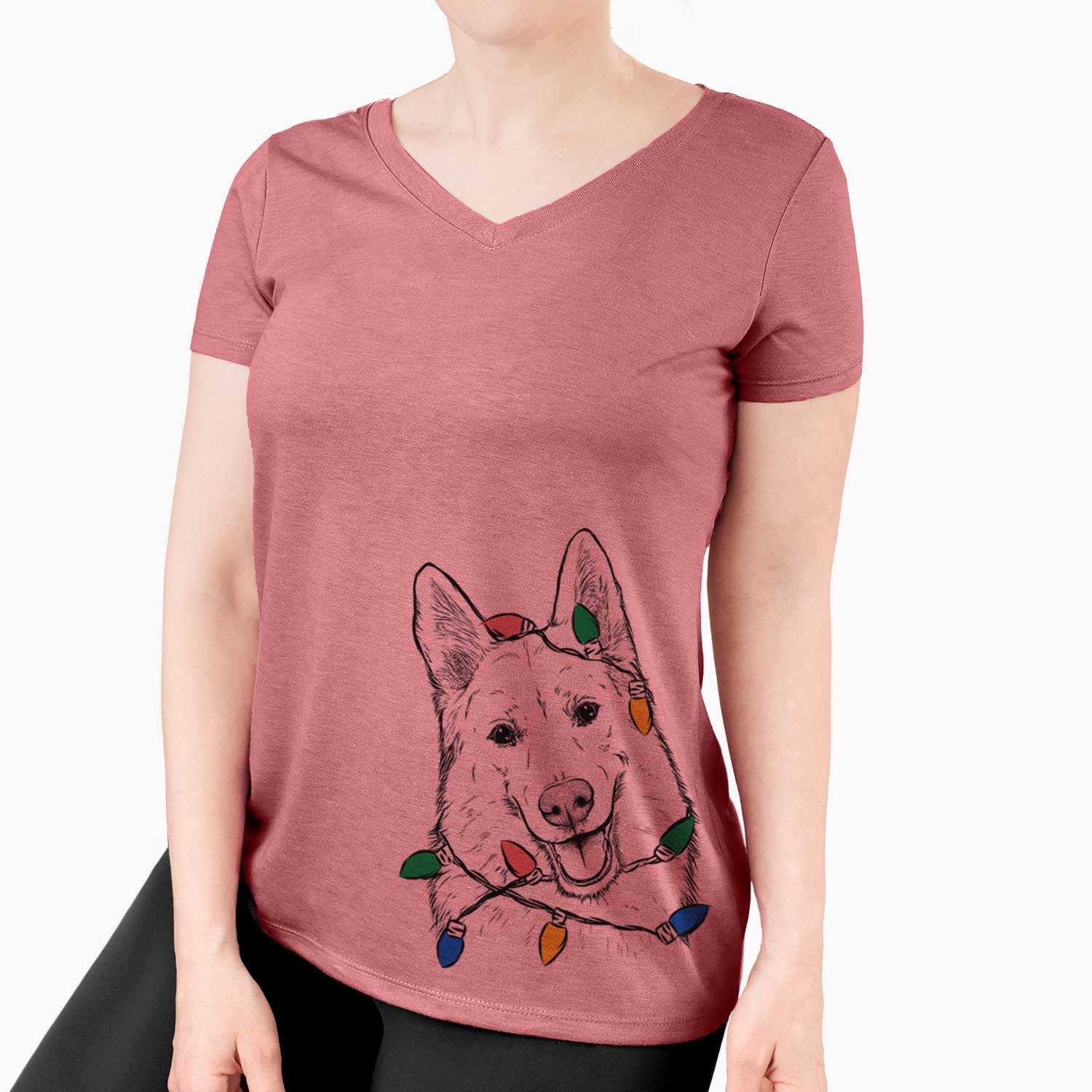 Christmas Lights Loki the Husky Shepherd Mix - Women's V-neck Shirt