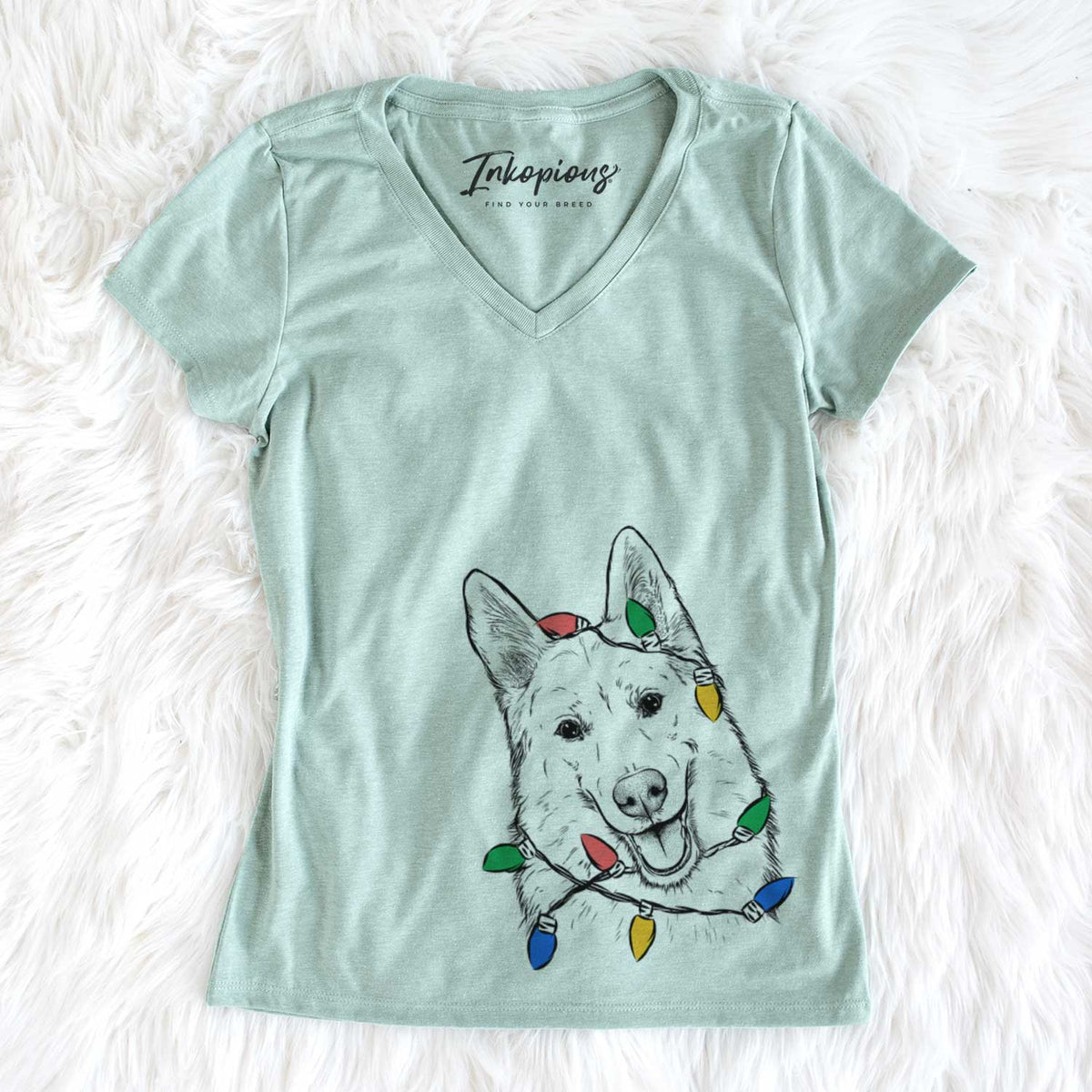 Christmas Lights Loki the Husky Shepherd Mix - Women&#39;s V-neck Shirt