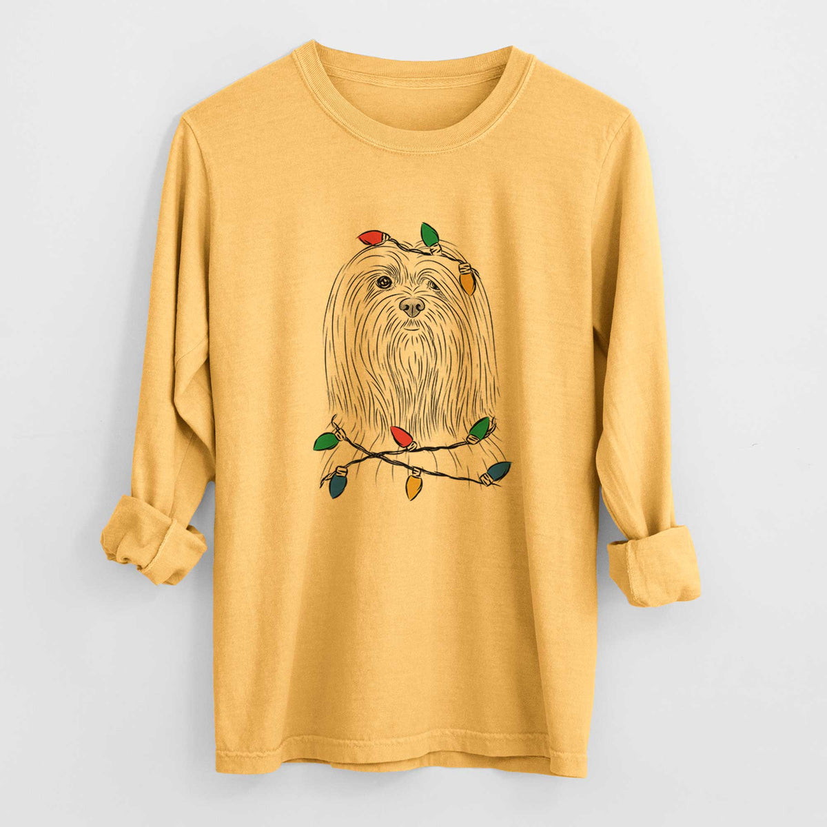 Christmas Lights Lorenzo the Lhasa Apso - Heavyweight 100% Cotton Long Sleeve