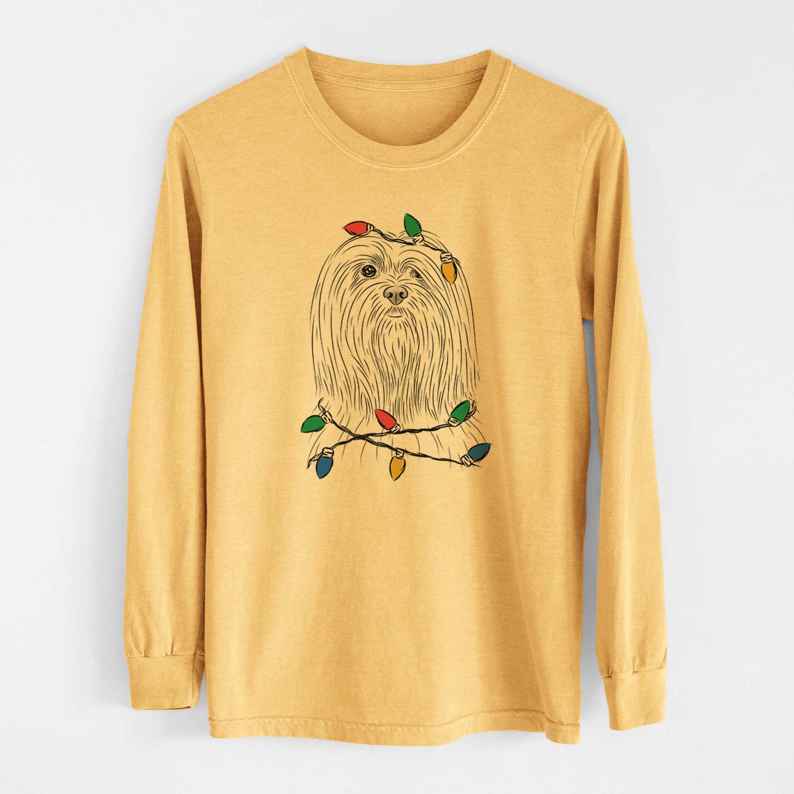 Christmas Lights Lorenzo the Lhasa Apso - Heavyweight 100% Cotton Long Sleeve