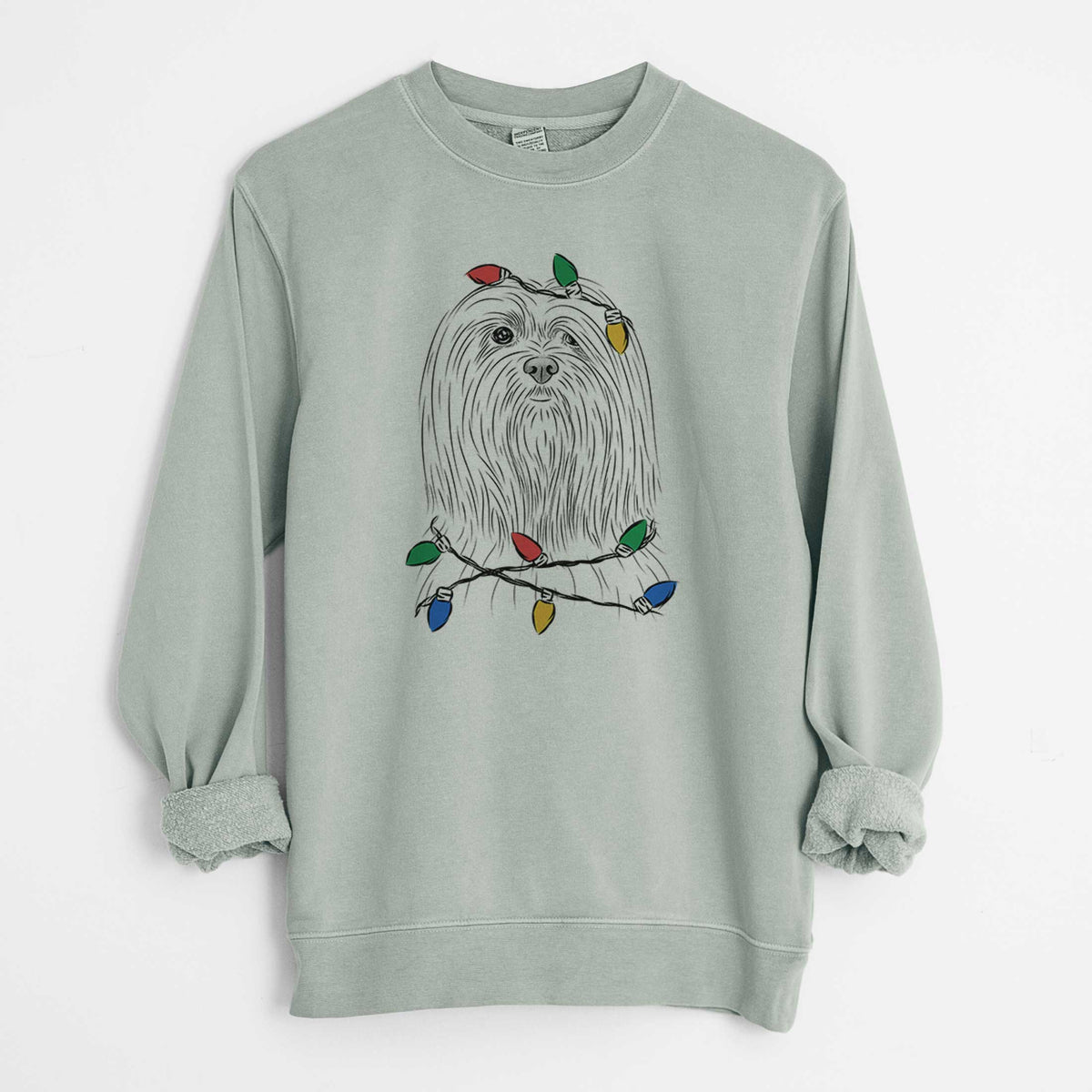 Christmas Lights Lorenzo the Lhasa Apso - Unisex Pigment Dyed Crew Sweatshirt
