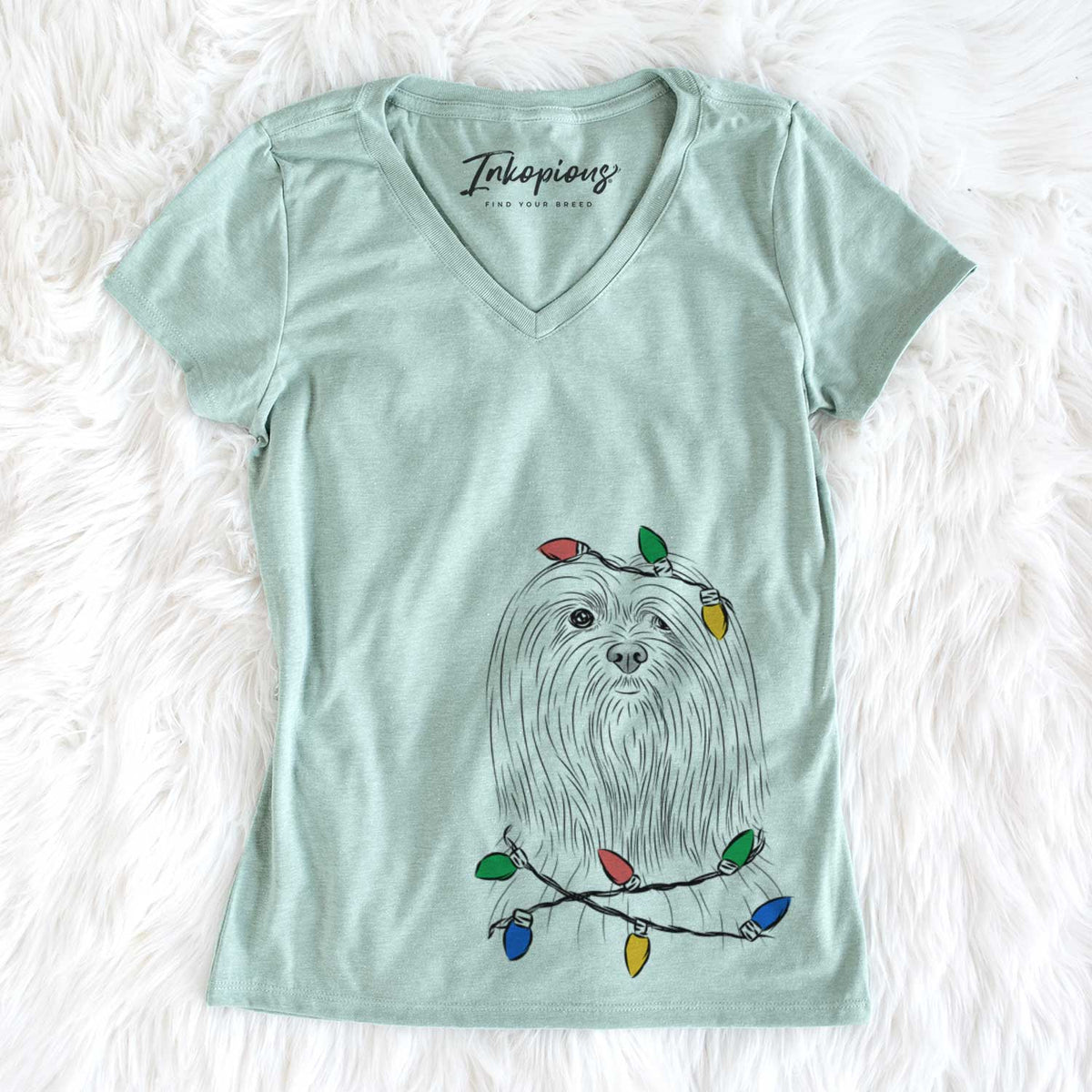 Christmas Lights Lorenzo the Lhasa Apso - Women's V-neck Shirt