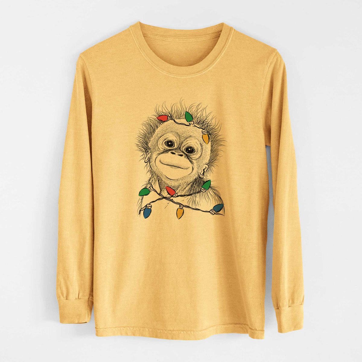 Christmas Lights Louie the Baby Orangutan - Heavyweight 100% Cotton Long Sleeve