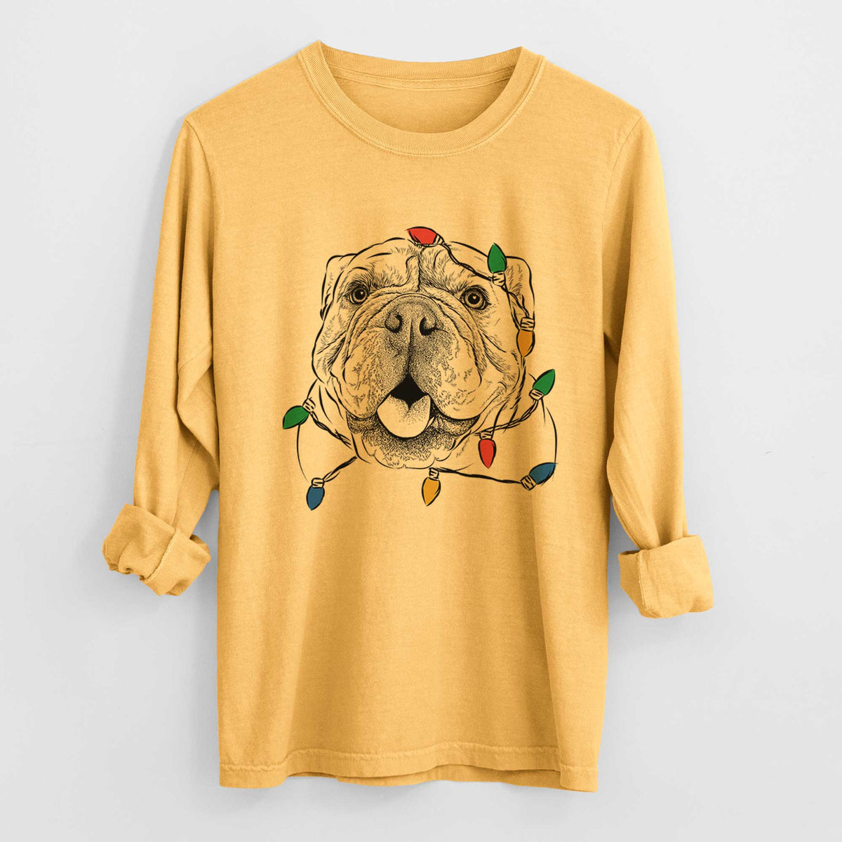 Christmas Lights Louie the English Bulldog - Heavyweight 100% Cotton Long Sleeve