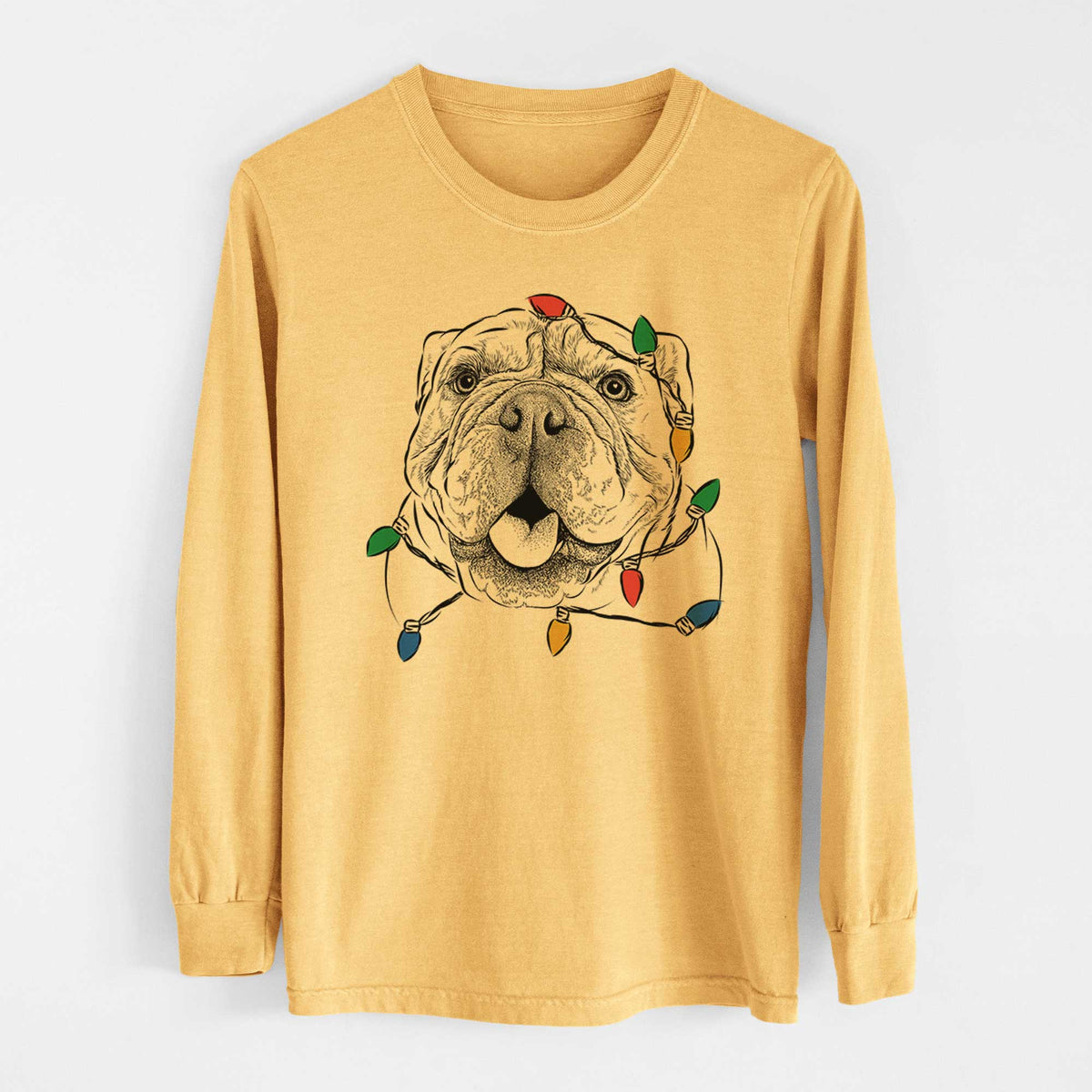 Christmas Lights Louie the English Bulldog - Heavyweight 100% Cotton Long Sleeve