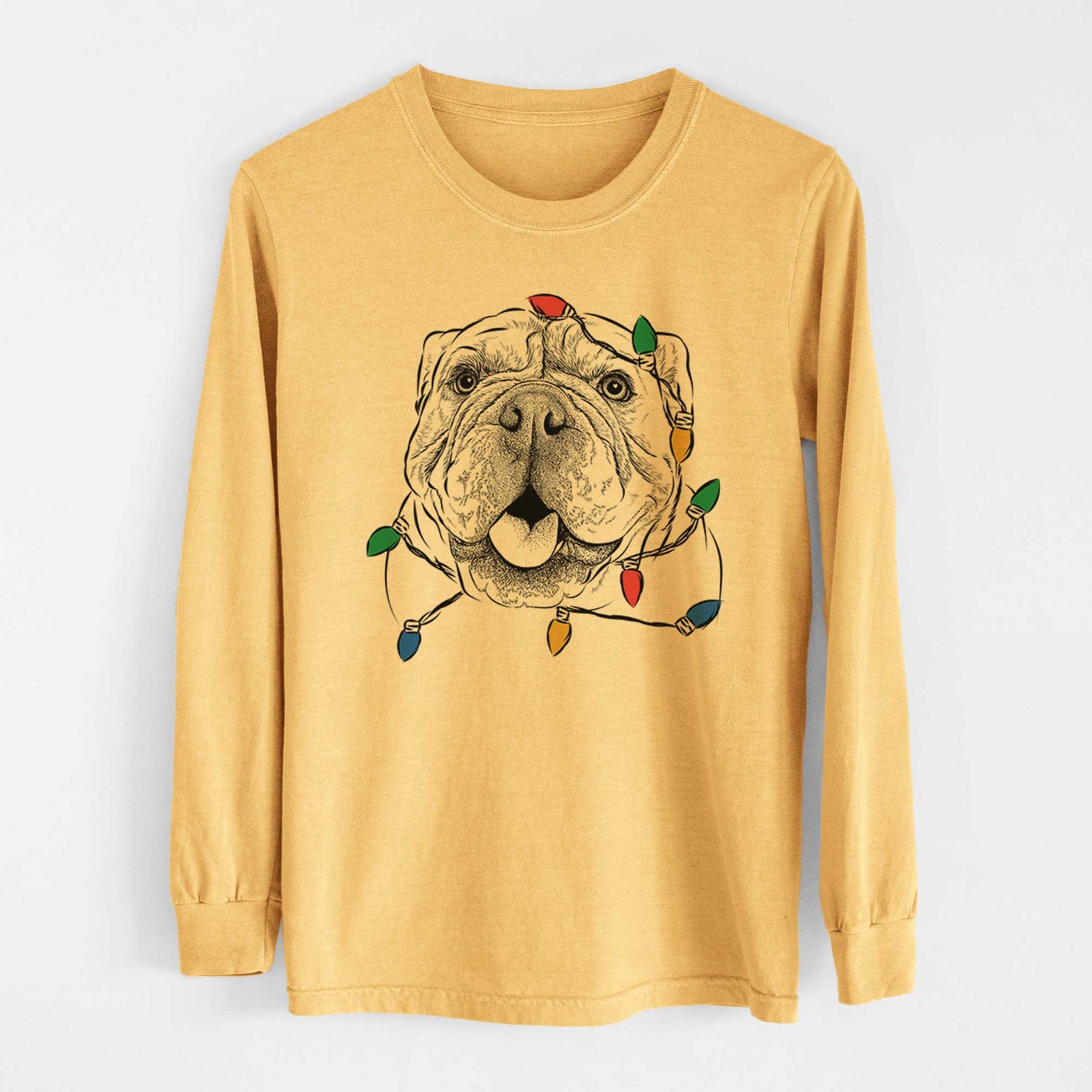 Christmas Lights Louie the English Bulldog - Heavyweight 100% Cotton Long Sleeve