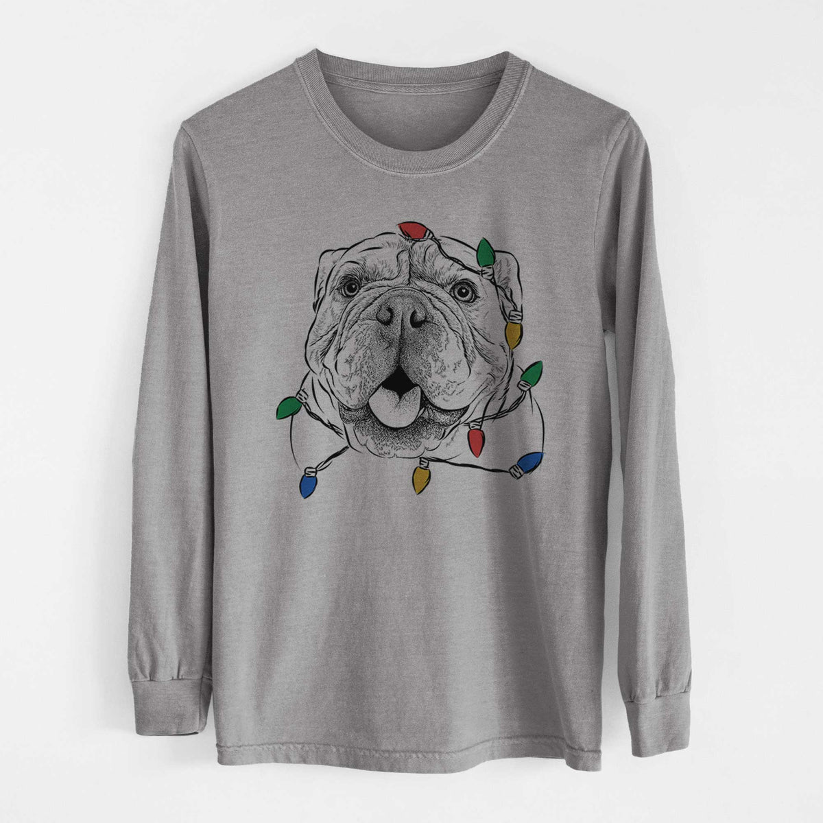 Christmas Lights Louie the English Bulldog - Heavyweight 100% Cotton Long Sleeve