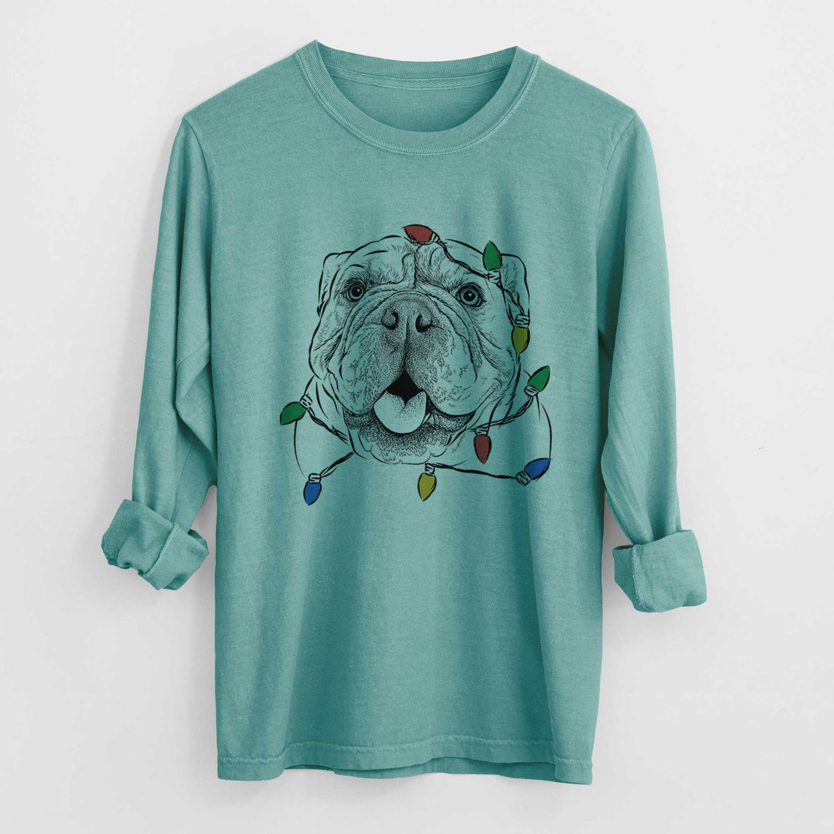 Christmas Lights Louie the English Bulldog - Heavyweight 100% Cotton Long Sleeve