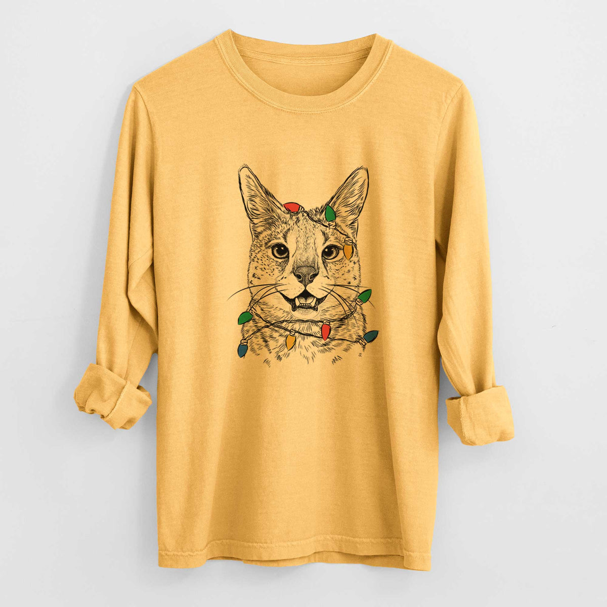Christmas Lights Lucky the Serval Cat - Heavyweight 100% Cotton Long Sleeve