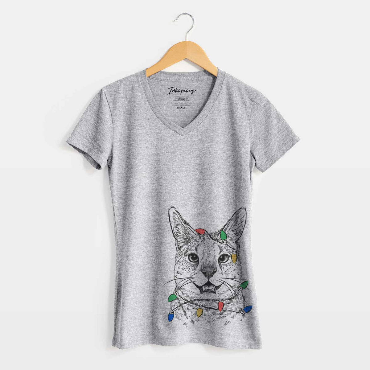 Christmas Lights Lucky the Serval Cat - Women's V-neck Shirt