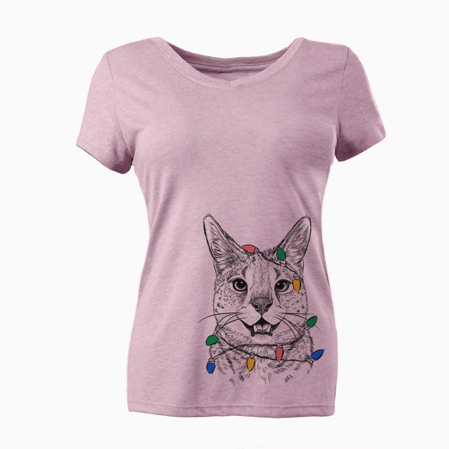 Christmas Lights Lucky the Serval Cat - Women's V-neck Shirt