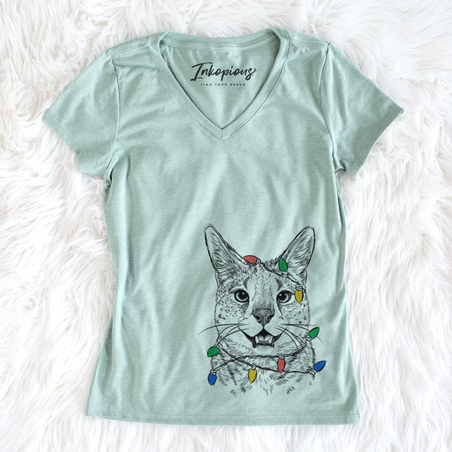 Christmas Lights Lucky the Serval Cat - Women's V-neck Shirt