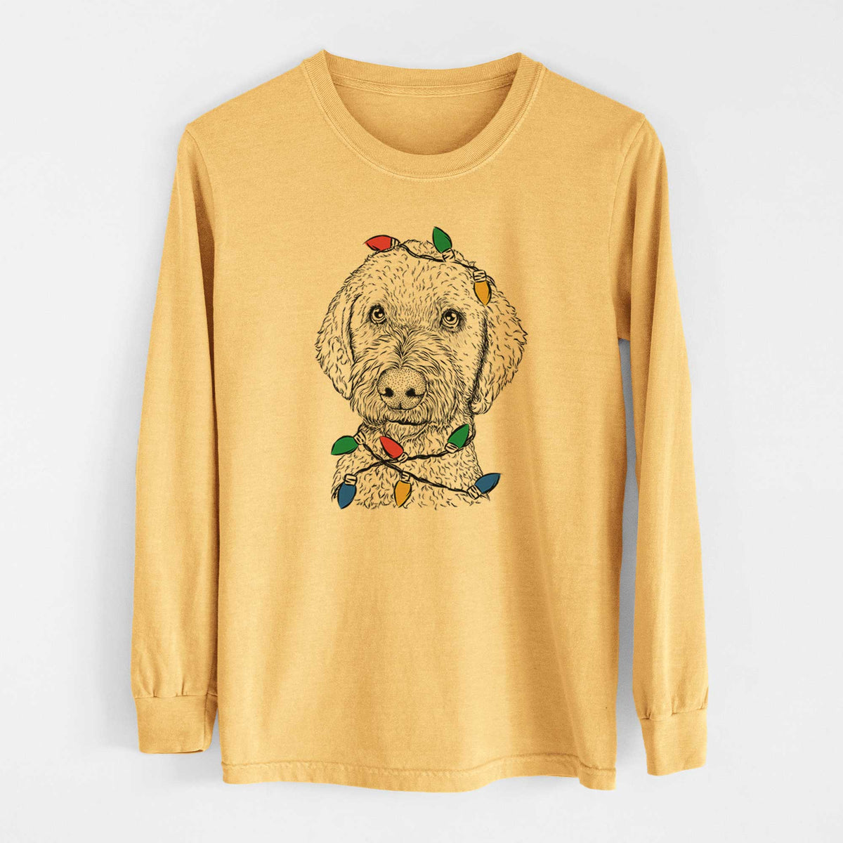 Christmas Lights Lucy Boo the Goldendoodle - Heavyweight 100% Cotton Long Sleeve