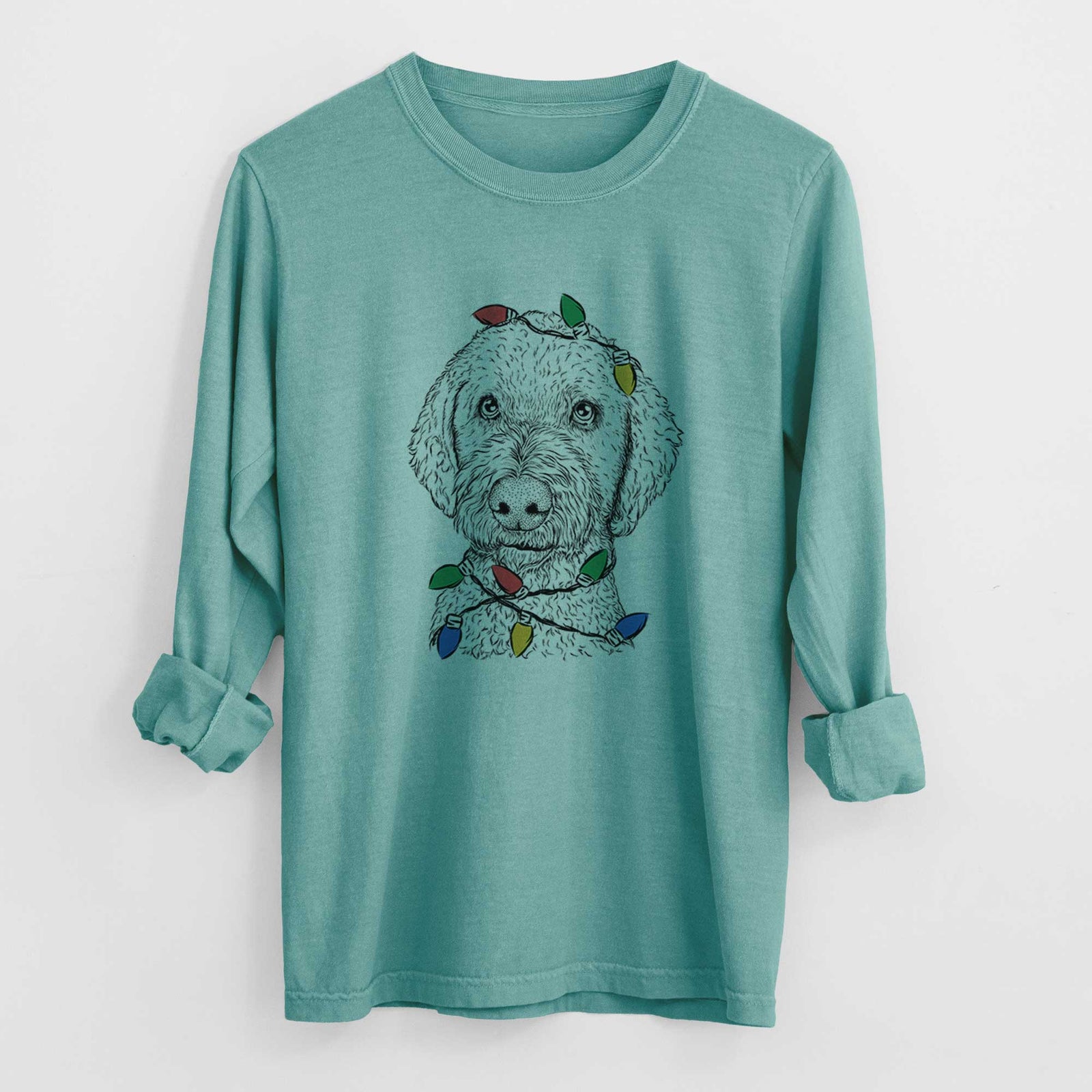 Christmas Lights Lucy Boo the Goldendoodle - Heavyweight 100% Cotton Long Sleeve
