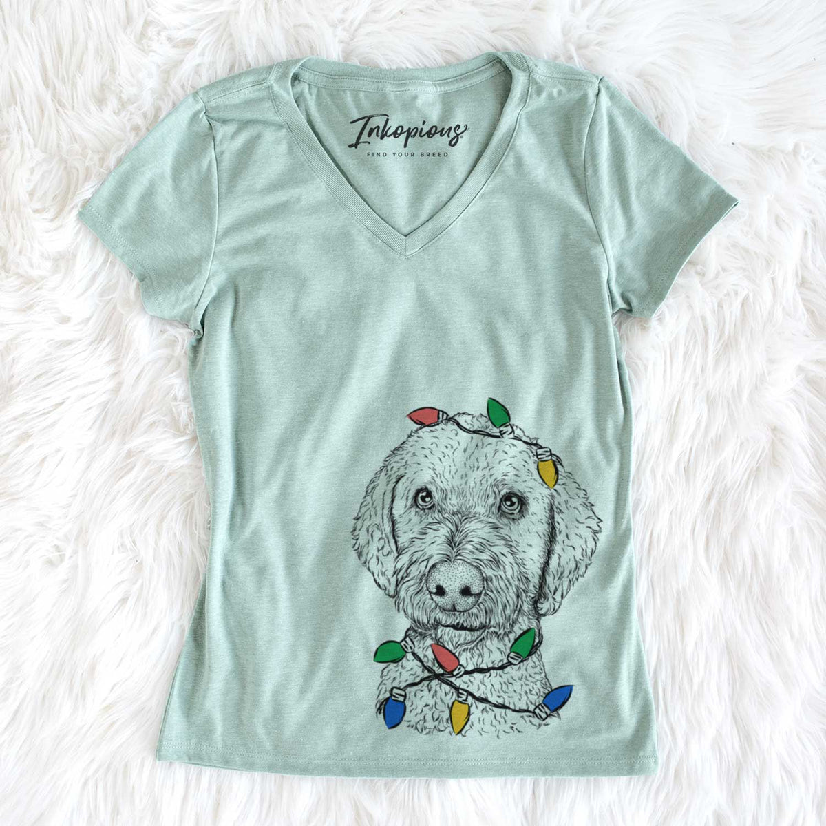 Christmas Lights Lucy Boo the Goldendoodle - Women&#39;s V-neck Shirt