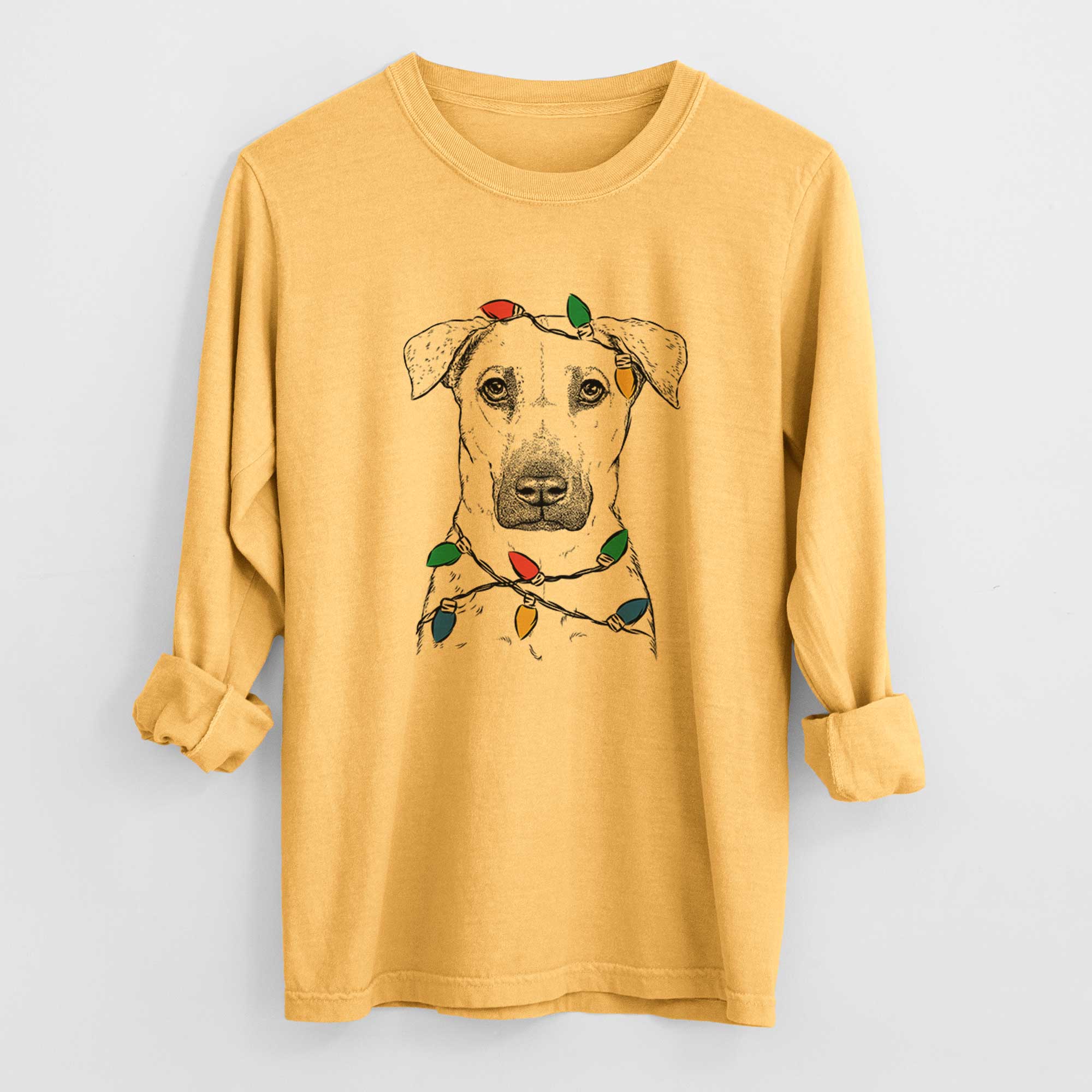 Christmas Lights Luna the Black Mouth Cur - Heavyweight 100% Cotton Long Sleeve