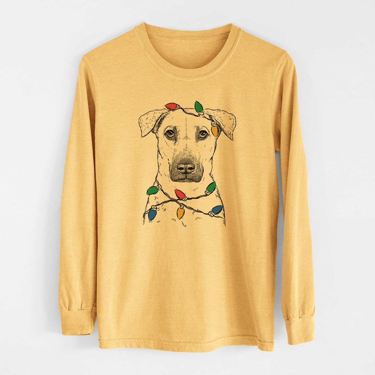 Christmas Lights Luna the Black Mouth Cur - Heavyweight 100% Cotton Long Sleeve