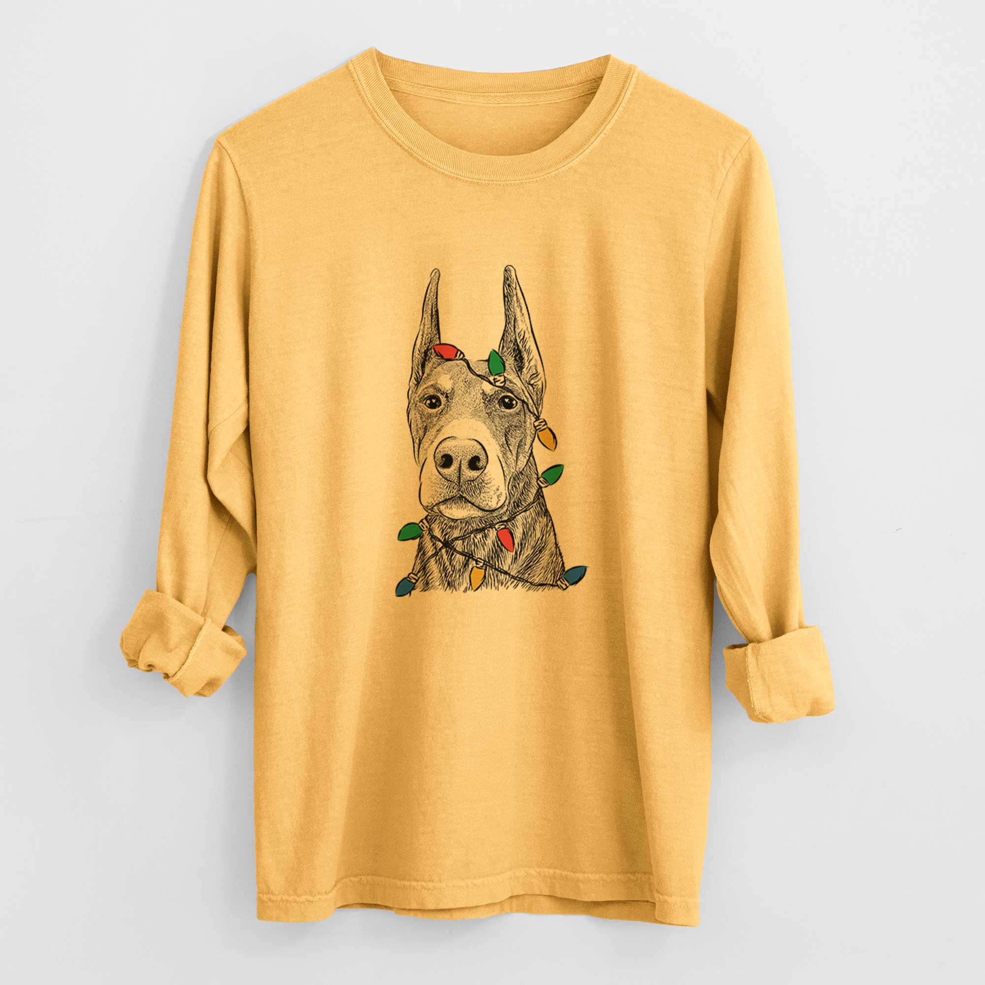 Christmas Lights Luna the Doberman Pinscher - Heavyweight 100% Cotton Long Sleeve