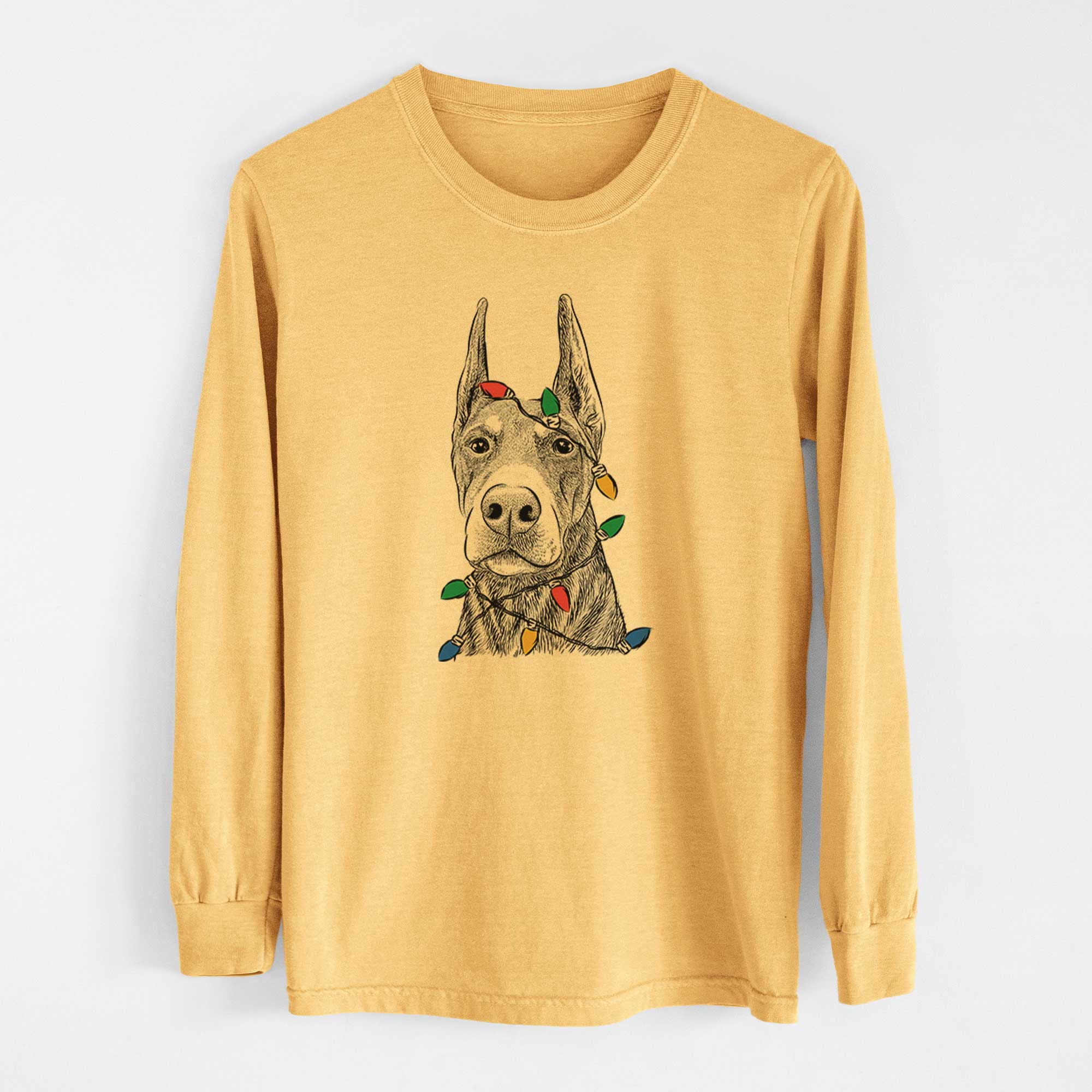 Christmas Lights Luna the Doberman Pinscher - Heavyweight 100% Cotton Long Sleeve