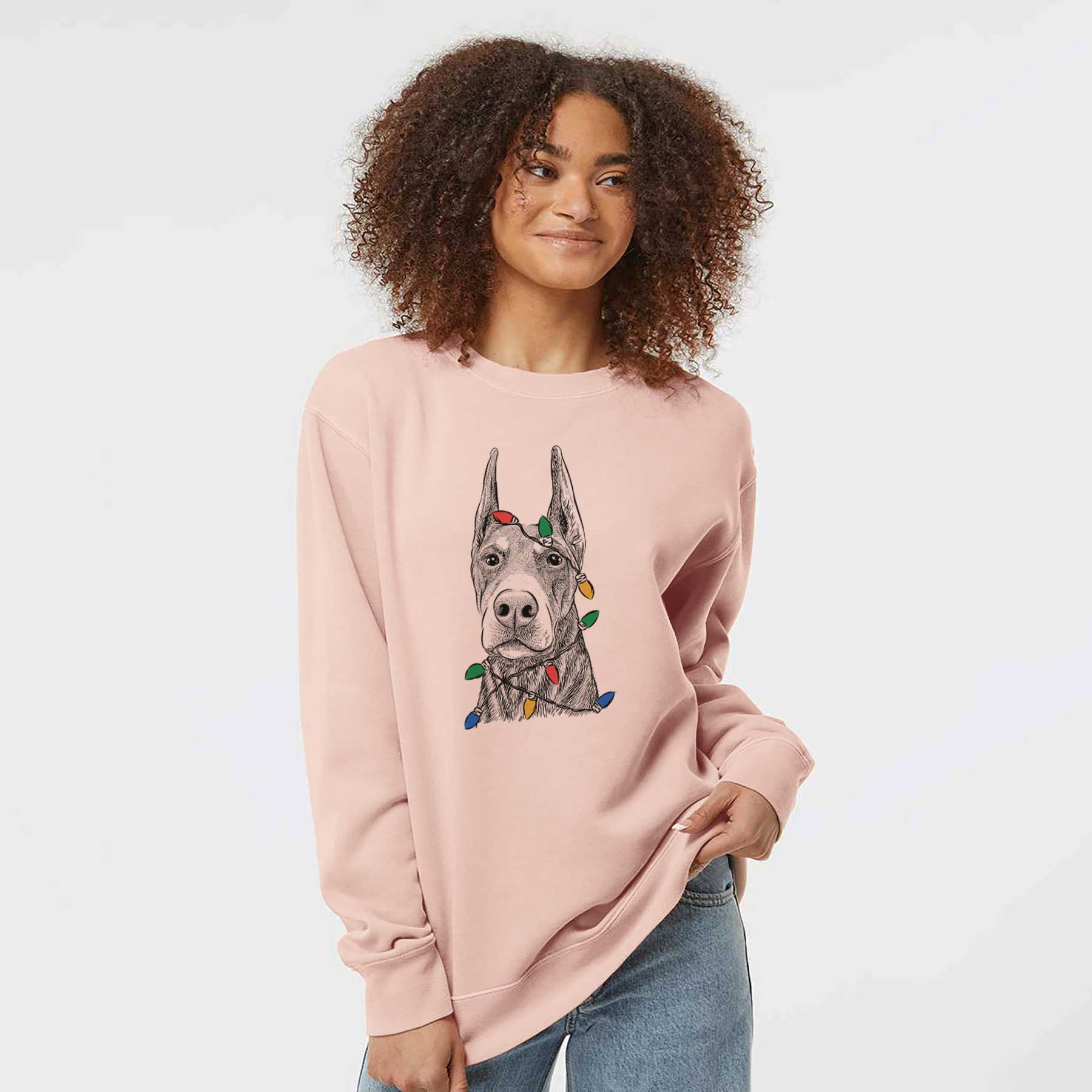 Christmas Lights Luna the Doberman Pinscher - Unisex Pigment Dyed Crew Sweatshirt