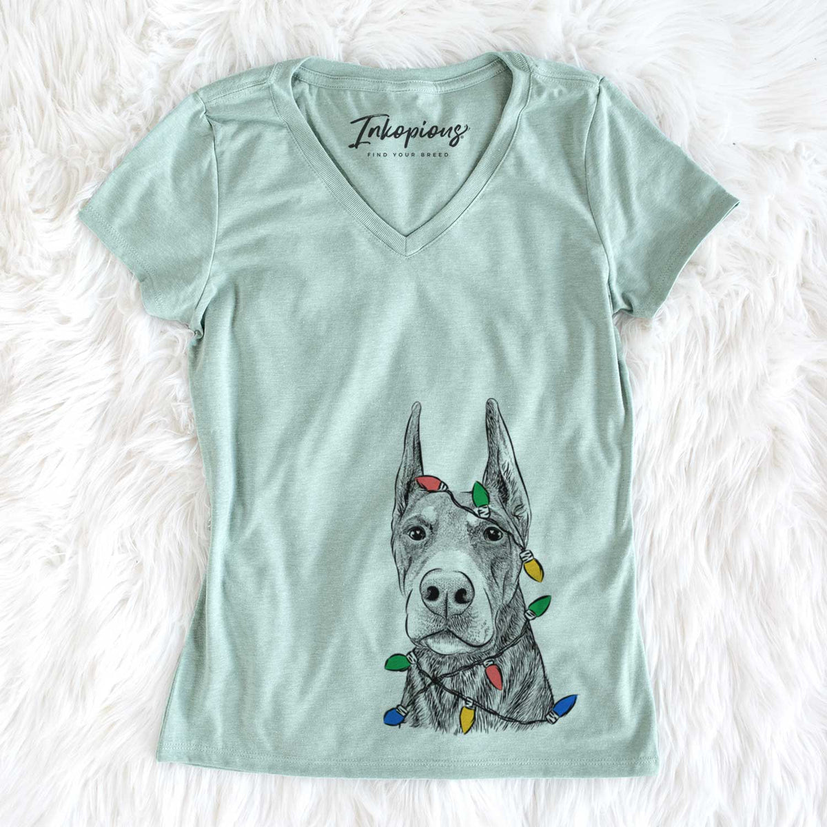 Christmas Lights Luna the Doberman Pinscher - Women&#39;s V-neck Shirt