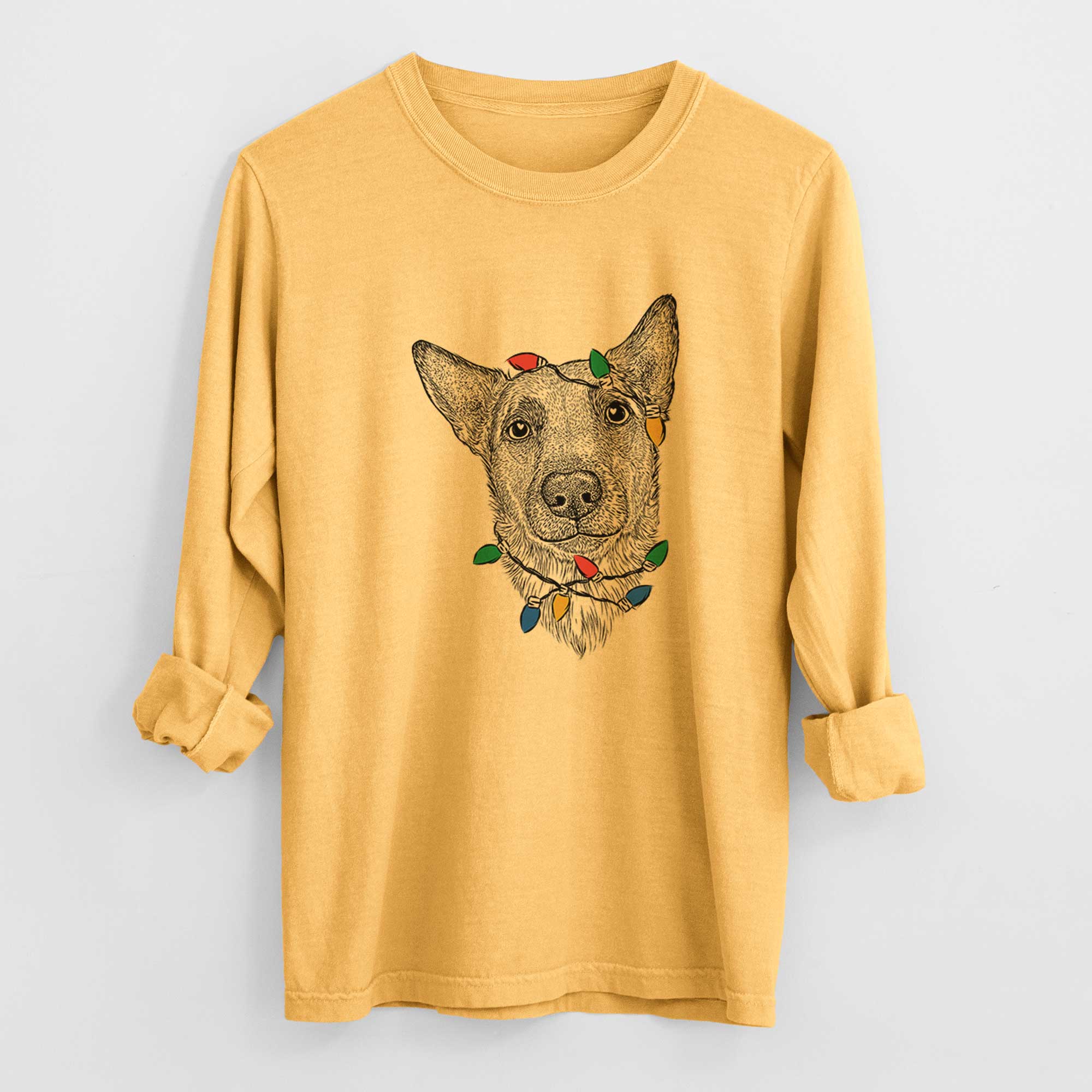 Christmas Lights Luna the Shepherd Mix - Heavyweight 100% Cotton Long Sleeve