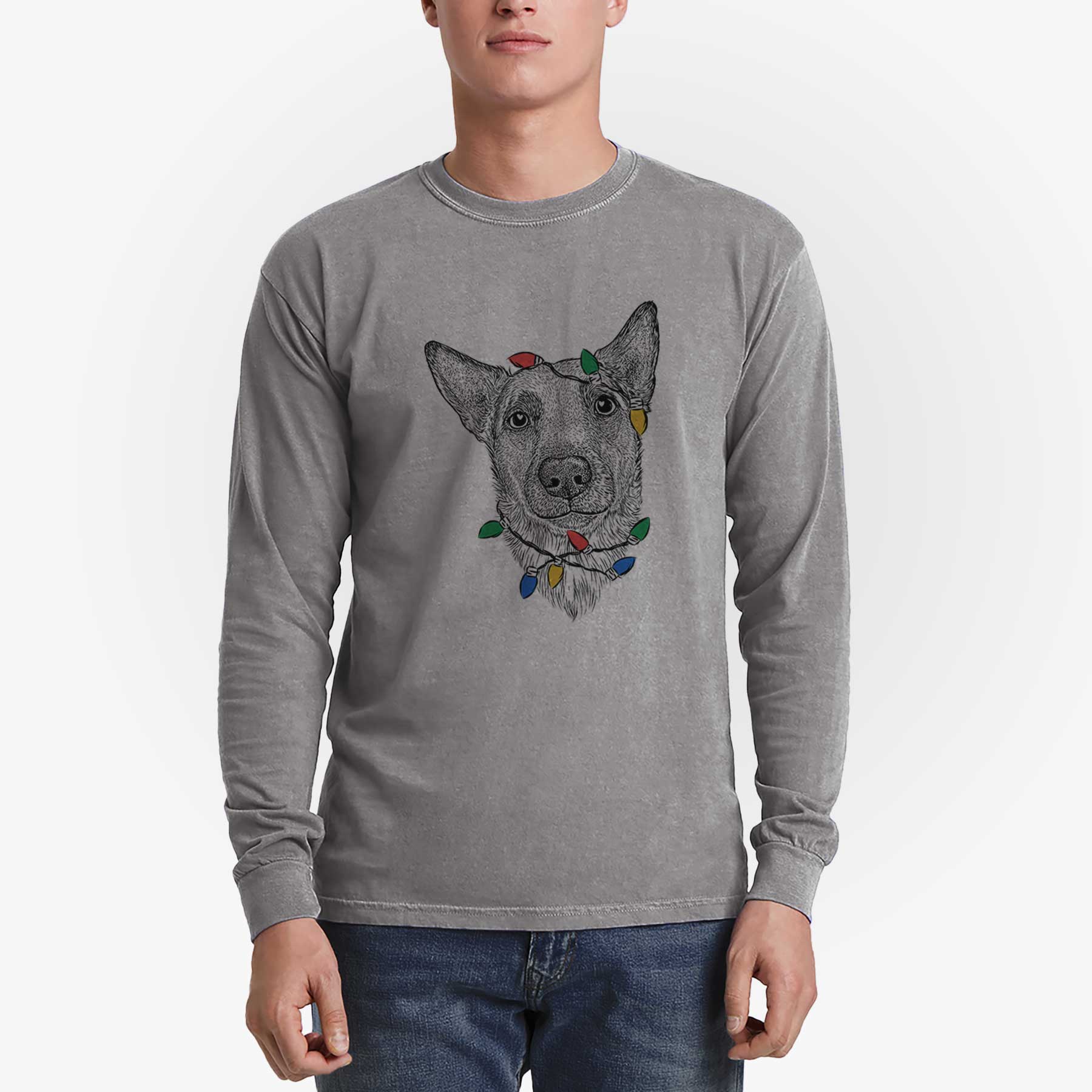 Christmas Lights Luna the Shepherd Mix - Heavyweight 100% Cotton Long Sleeve