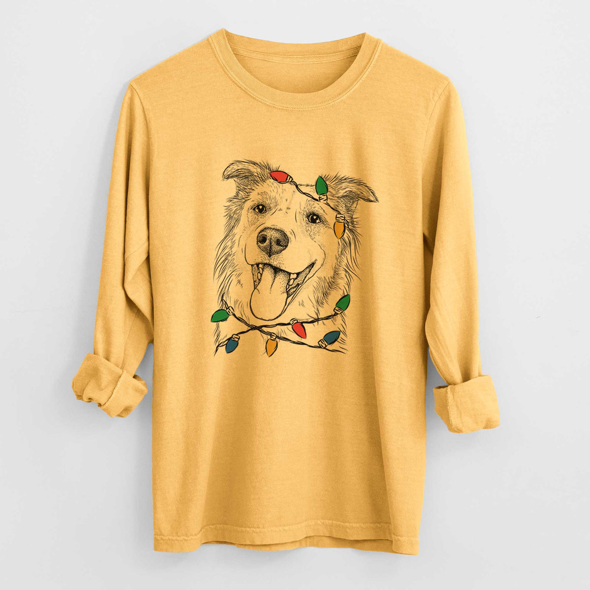 Christmas Lights Macaroni the Border Collie - Heavyweight 100% Cotton Long Sleeve