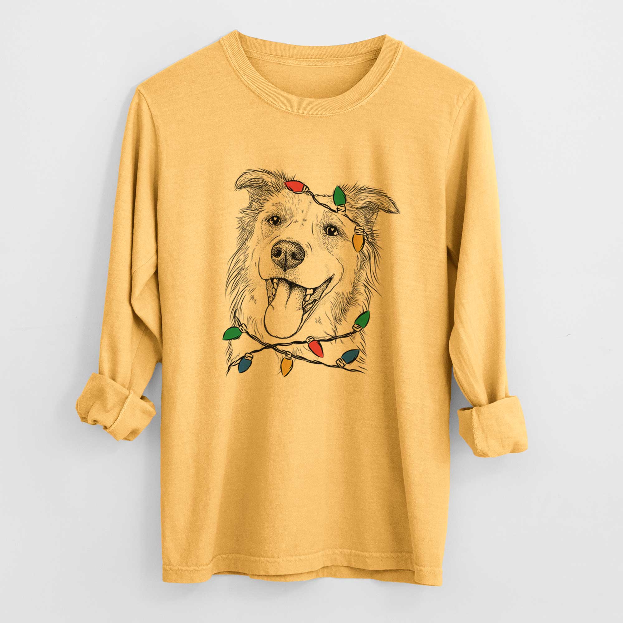 Christmas Lights Macaroni the Border Collie - Heavyweight 100% Cotton Long Sleeve