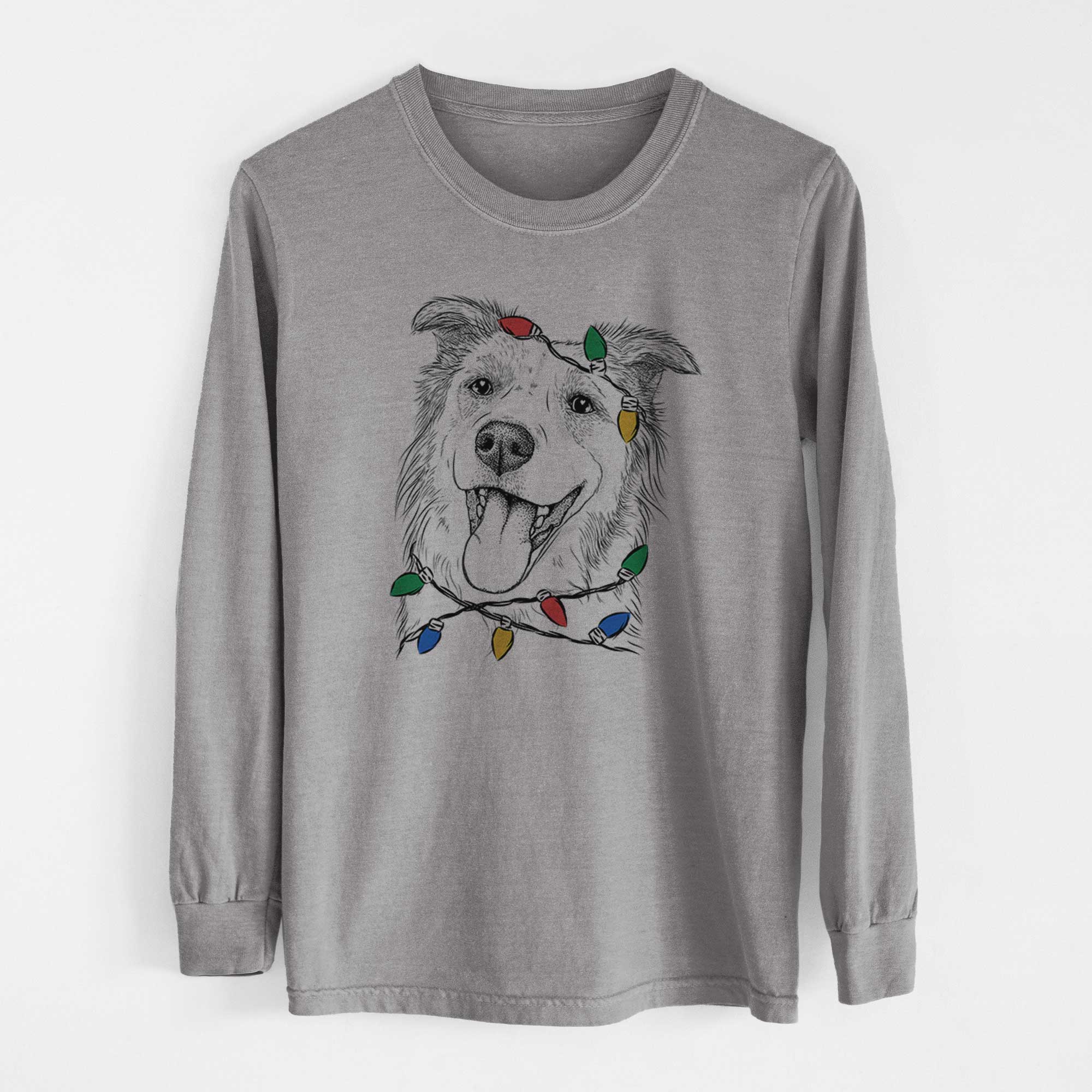 Christmas Lights Macaroni the Border Collie - Heavyweight 100% Cotton Long Sleeve