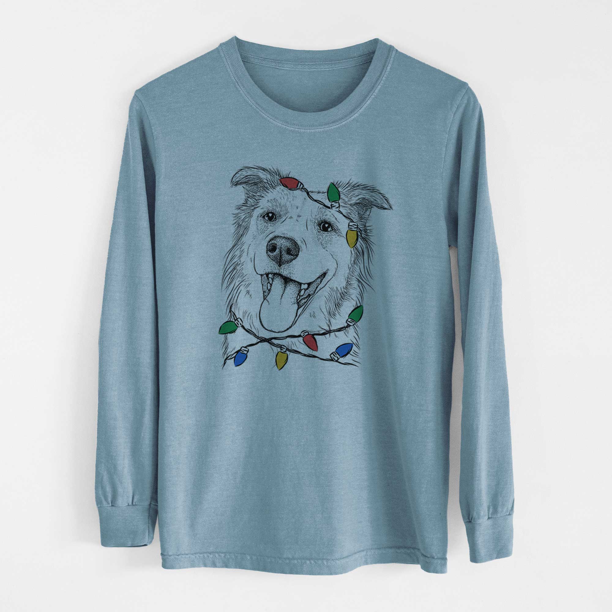 Christmas Lights Macaroni the Border Collie - Heavyweight 100% Cotton Long Sleeve