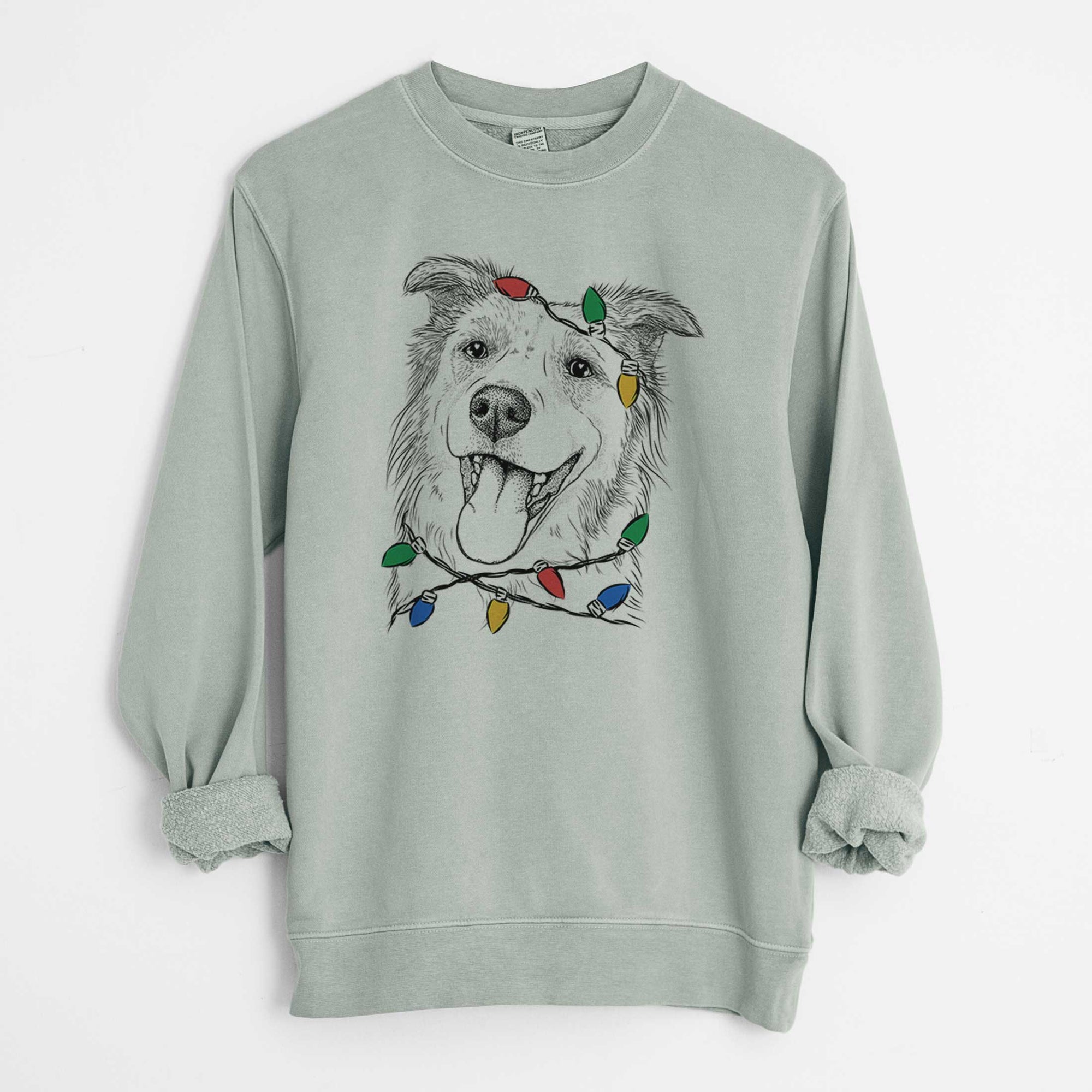 Christmas Lights Macaroni the Border Collie - Unisex Pigment Dyed Crew Sweatshirt