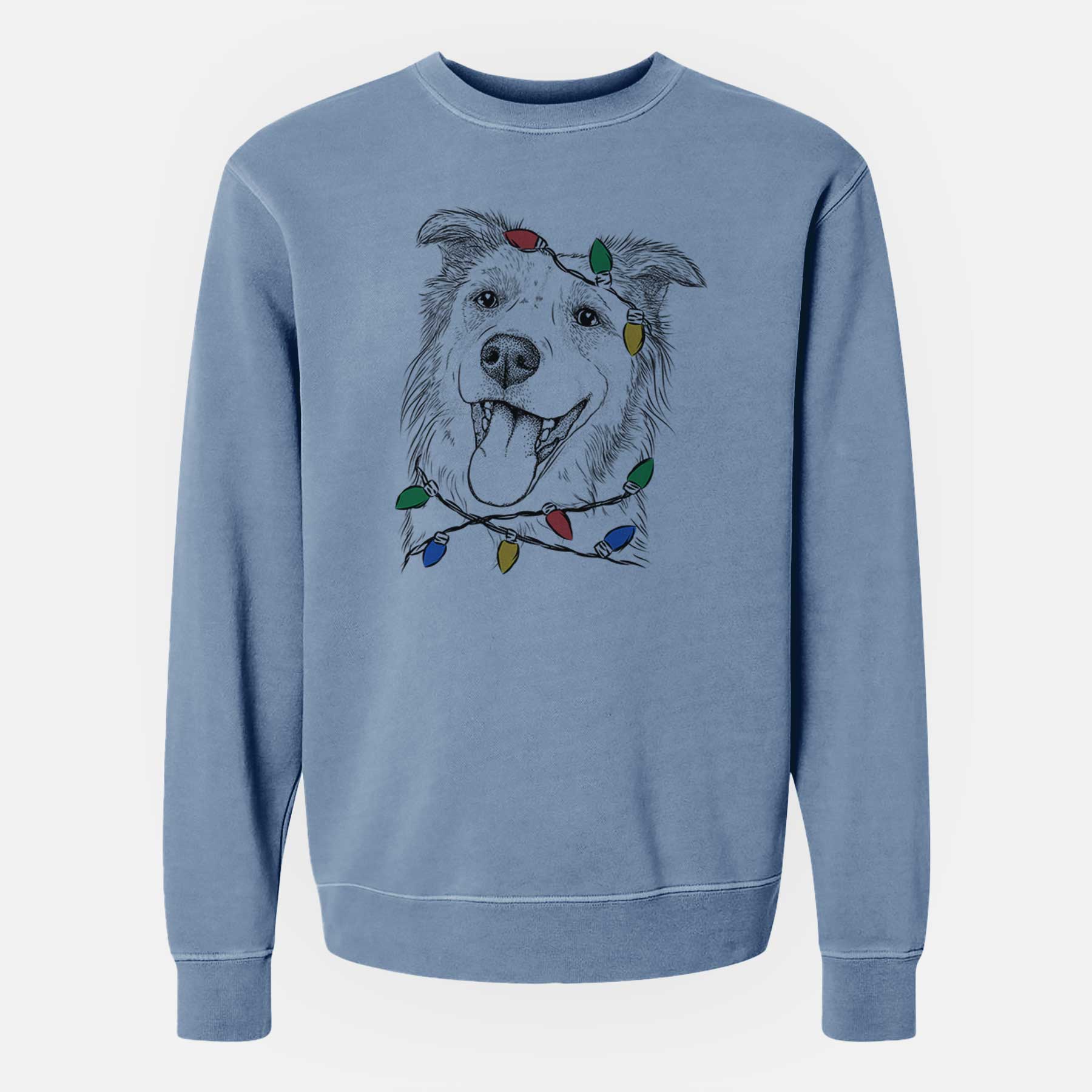 Christmas Lights Macaroni the Border Collie - Unisex Pigment Dyed Crew Sweatshirt