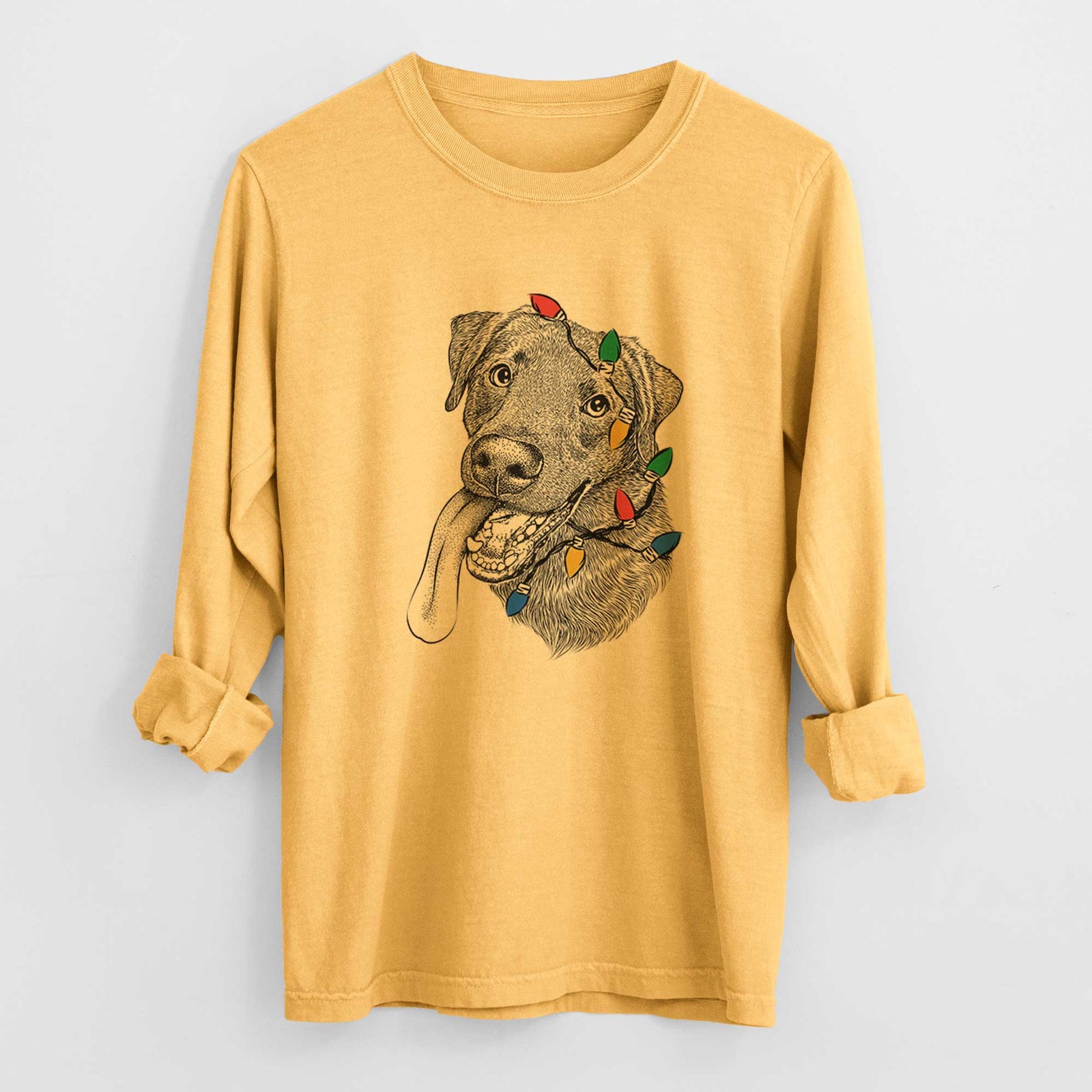 Christmas Lights Macaroni the Lab Mix - Heavyweight 100% Cotton Long Sleeve