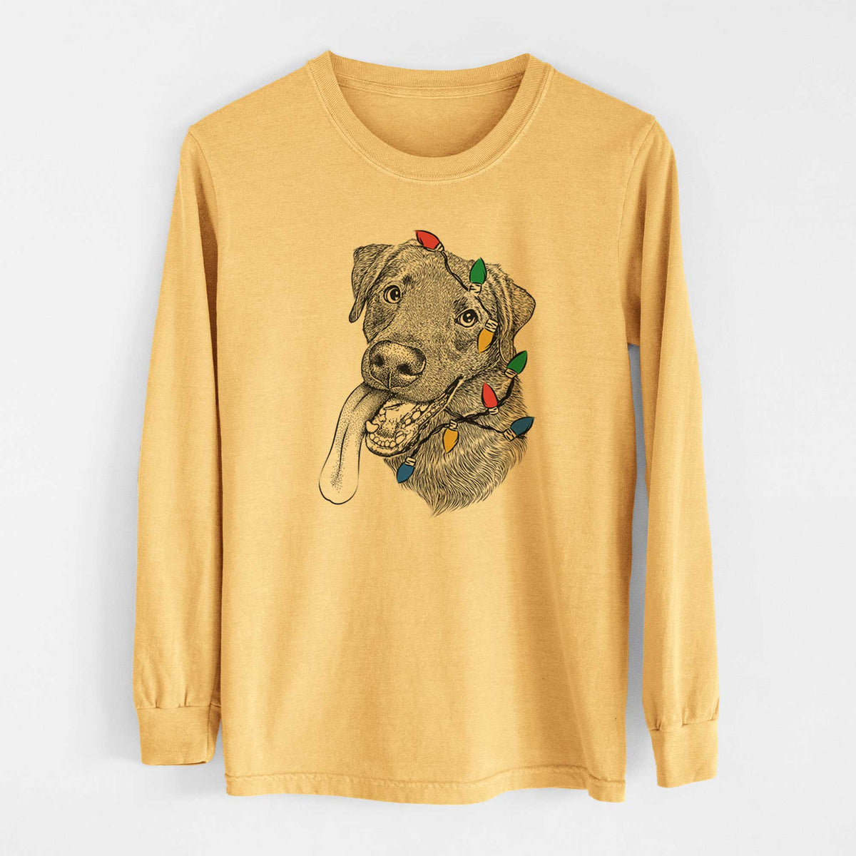 Christmas Lights Macaroni the Lab Mix - Heavyweight 100% Cotton Long Sleeve