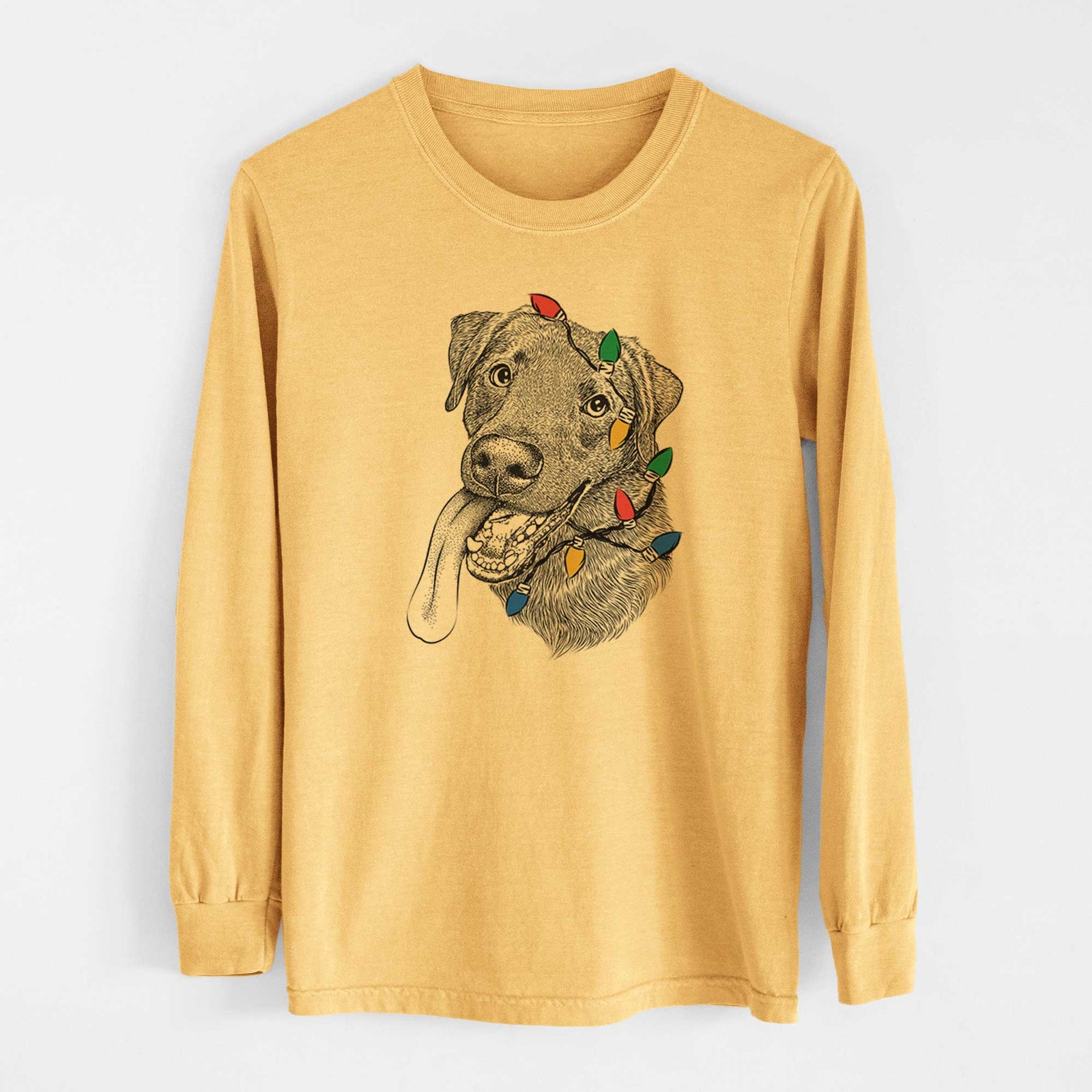 Christmas Lights Macaroni the Lab Mix - Heavyweight 100% Cotton Long Sleeve