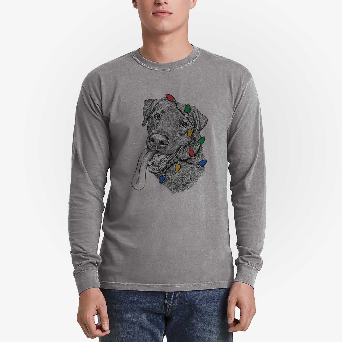 Christmas Lights Macaroni the Lab Mix - Heavyweight 100% Cotton Long Sleeve